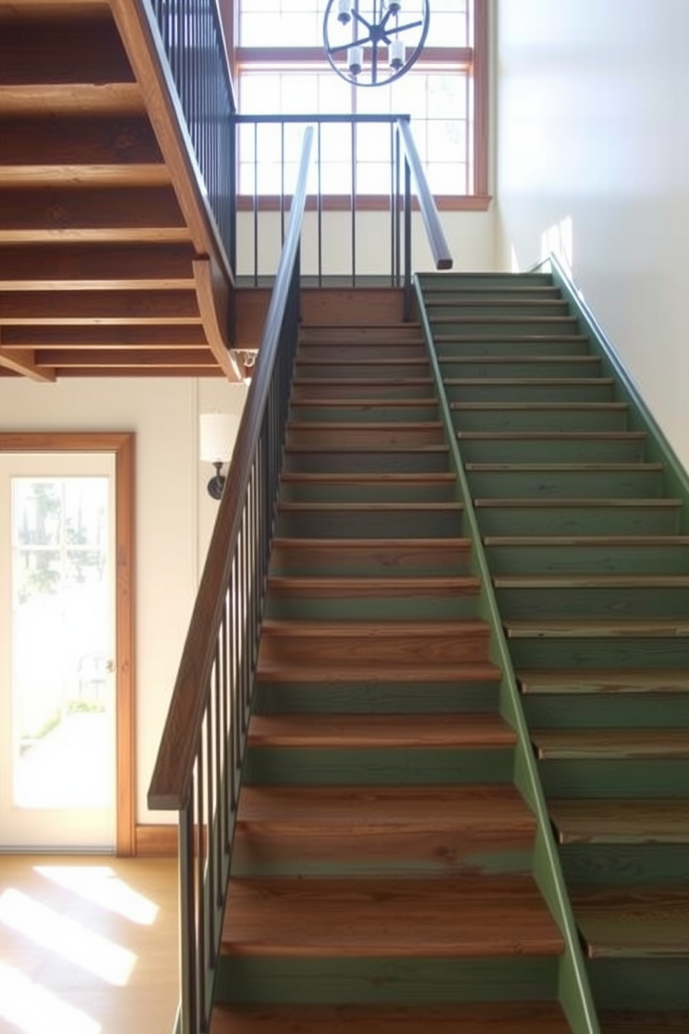 A rustic green staircase made of reclaimed wood leads to an inviting upper level. The stairs are complemented by wrought iron railings and surrounded by warm, natural light streaming through large windows.