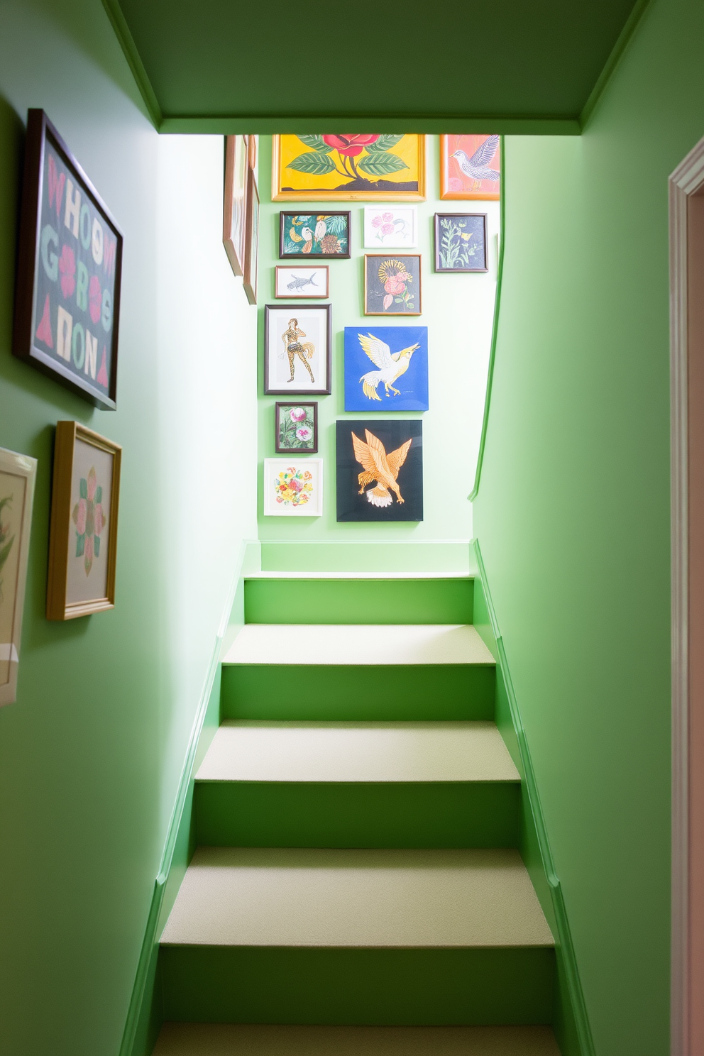 A bright green staircase ascends gracefully, adorned with a collection of vibrant art pieces that bring life to the space. The walls are painted in a complementary shade, creating a cohesive and inviting atmosphere.