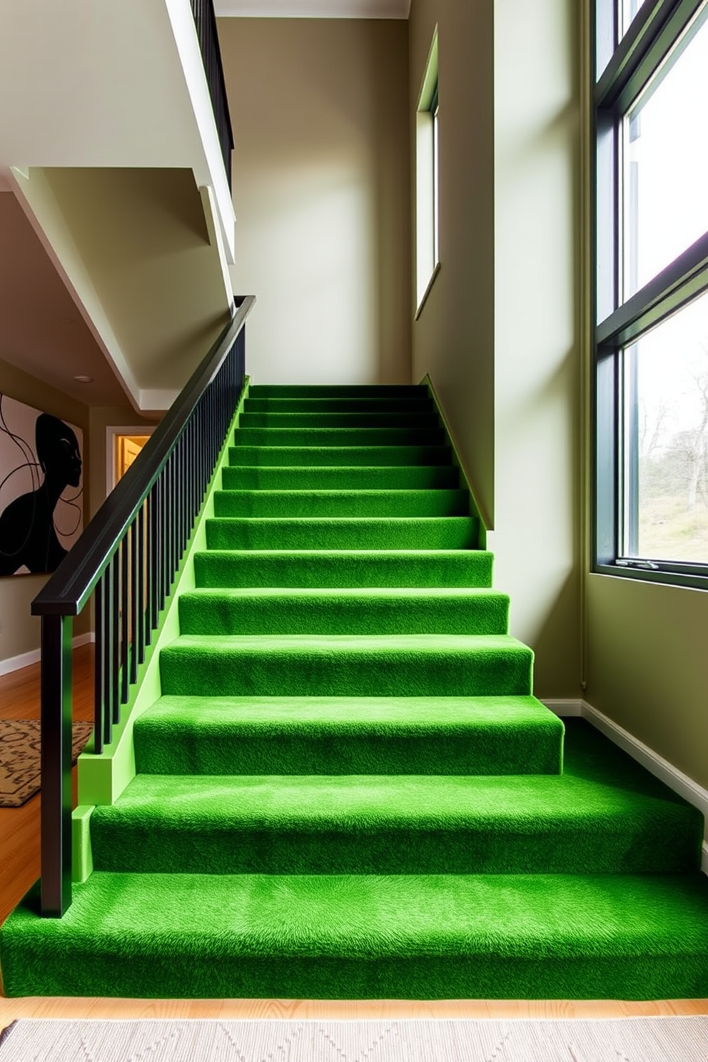 A striking green staircase ascends gracefully, featuring a contrasting dark handrail that adds depth and sophistication. The walls flanking the staircase are adorned with minimalist artwork, enhancing the modern aesthetic of the space. Natural light floods the area through large windows, highlighting the rich texture of the green steps. Below, a sleek runner rug in neutral tones adds warmth and comfort to the overall design.