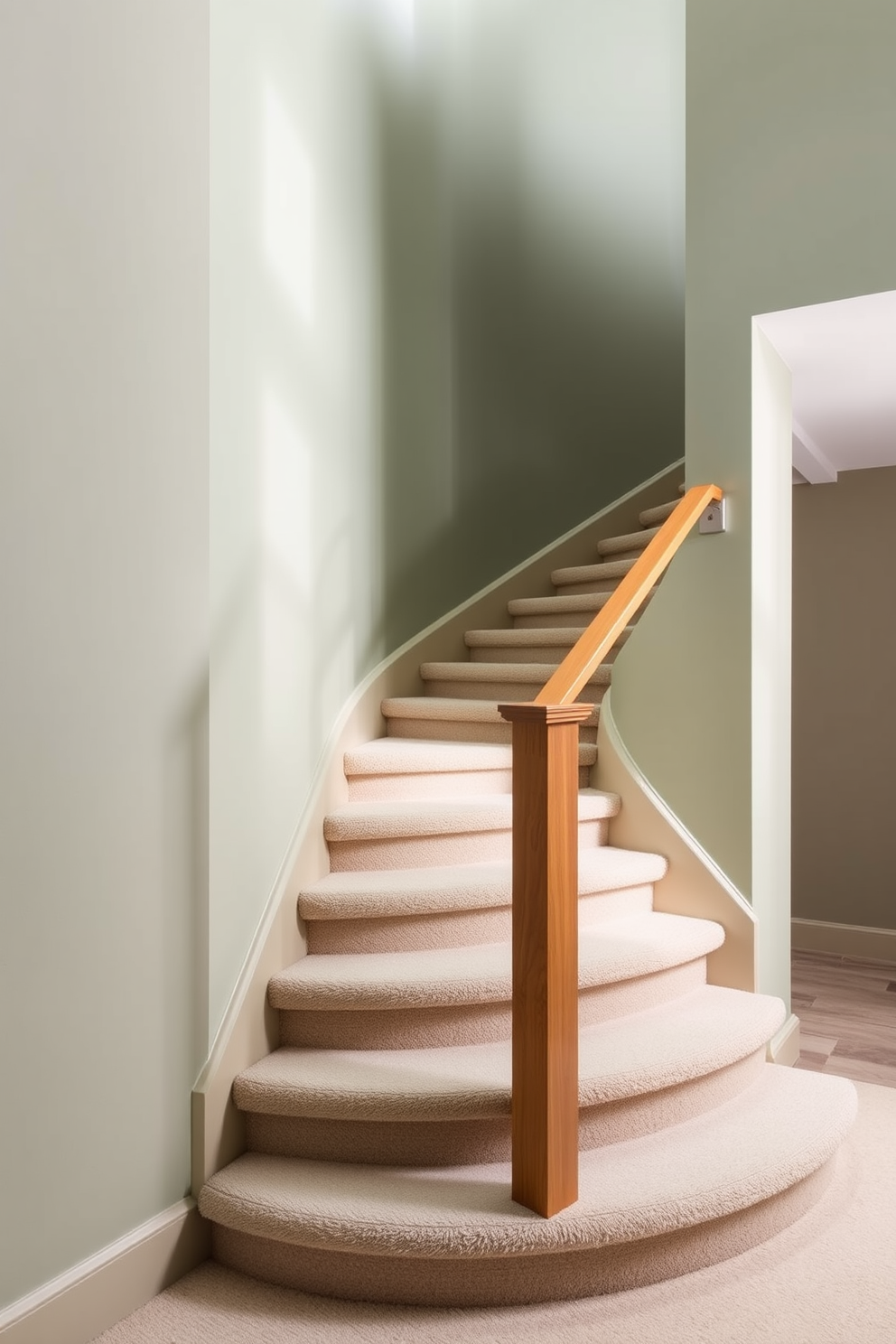 A serene staircase design featuring muted sage green walls that evoke a calming atmosphere. The staircase itself is adorned with a sleek wooden railing and plush beige carpeting that complements the soft color palette.