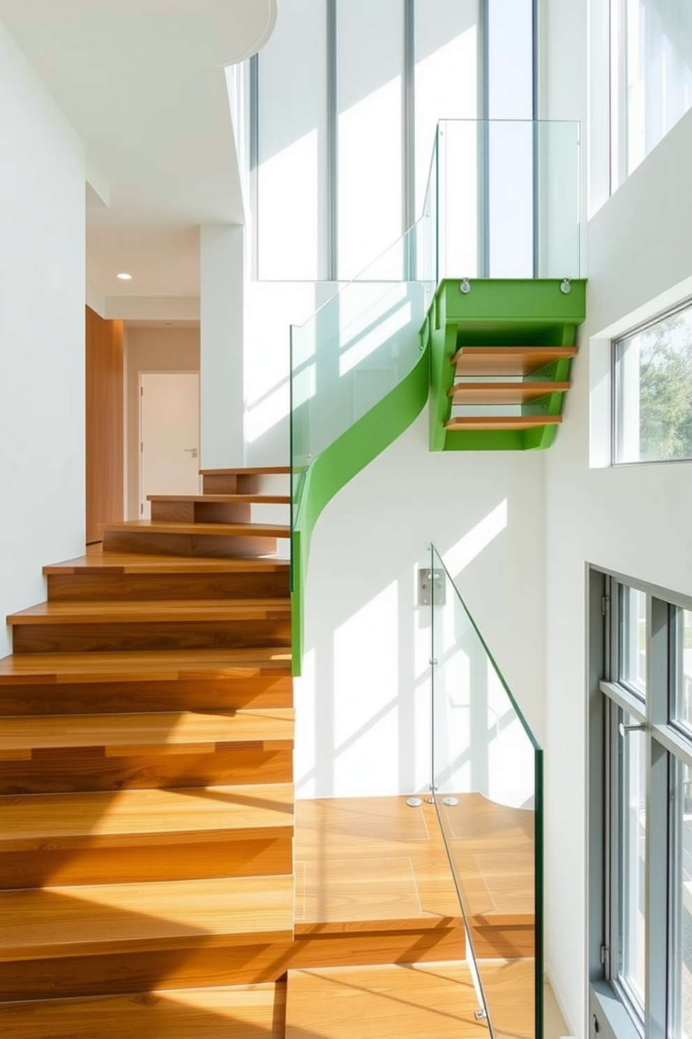 A modern green staircase with a minimalist design features sleek lines and a floating structure. The steps are crafted from polished wood, complemented by a glass railing that enhances the open feel of the space. Natural light floods the area through large windows, casting soft shadows on the staircase. The surrounding walls are painted in a soft white, creating a striking contrast with the vibrant green of the stairs.