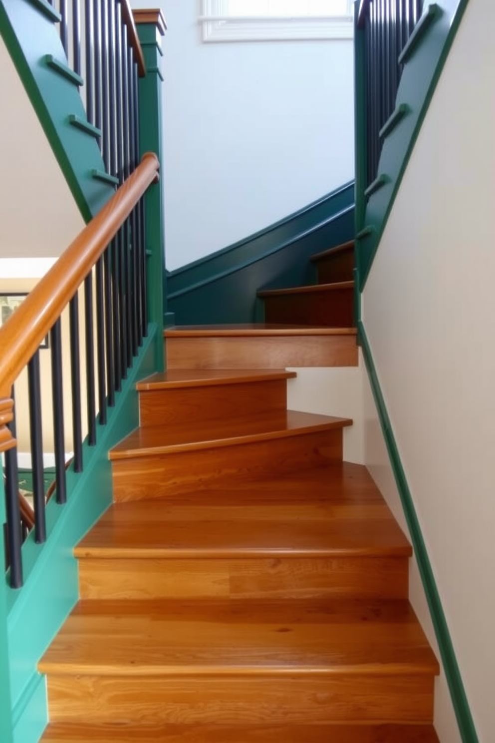 A striking staircase features forest green painted risers that beautifully contrast with rich wooden treads. The design emphasizes a seamless blend of modern elegance and natural warmth, creating a captivating focal point in the home.