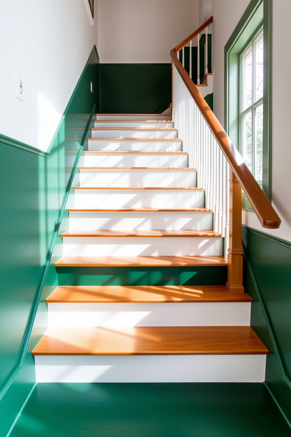 A stunning two-tone staircase design featuring a blend of deep forest green and crisp white. The steps are painted in a rich green, while the risers are a clean white, creating a striking contrast that enhances the elegance of the space. The staircase is complemented by a sleek wooden handrail that adds warmth to the design. Natural light floods in from a nearby window, illuminating the vibrant colors and highlighting the architectural details.