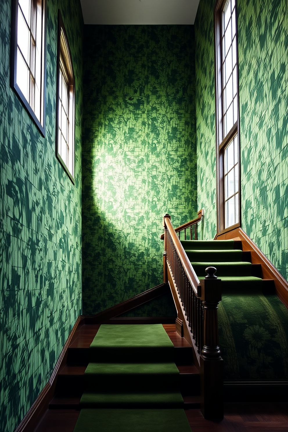 Textured green wallpaper adorns the walls of a grand staircase, creating a lush and inviting atmosphere. The staircase features elegant wooden railings and a plush runner that complements the wallpaper's rich tones. The design incorporates various shades of green, enhancing the sense of depth and sophistication. Natural light filters through large windows, illuminating the intricate patterns of the wallpaper and the beauty of the staircase.