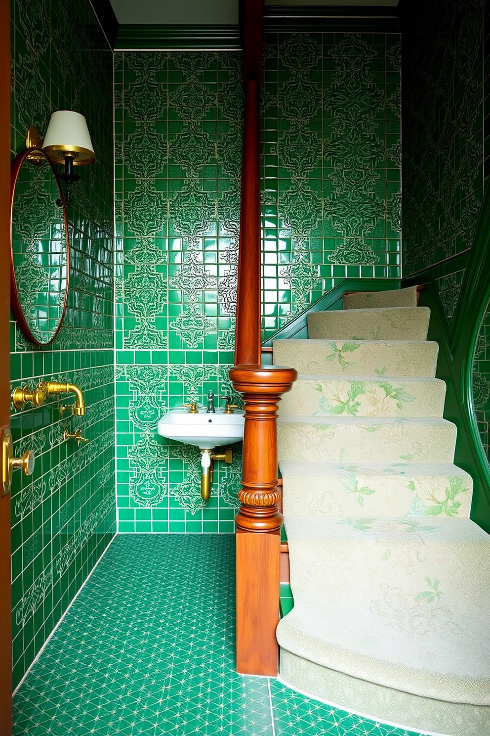 A vintage green tiled bathroom features intricate patterns that evoke a retro vibe. The walls are adorned with these tiles, creating a nostalgic atmosphere complemented by brass fixtures. The staircase design incorporates a striking green hue that enhances the vintage aesthetic. Curved wooden banisters and plush carpeting add warmth and elegance to the overall look.