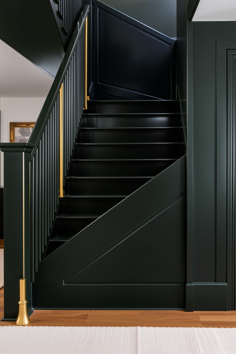 A dark green staircase with elegant brass fixtures creates a striking focal point in the home. The rich color of the stairs contrasts beautifully with the warm metallic accents, adding a touch of sophistication. The staircase features a sleek design with a minimalist railing that complements the overall aesthetic. Soft lighting illuminates the steps, enhancing the inviting atmosphere of the space.