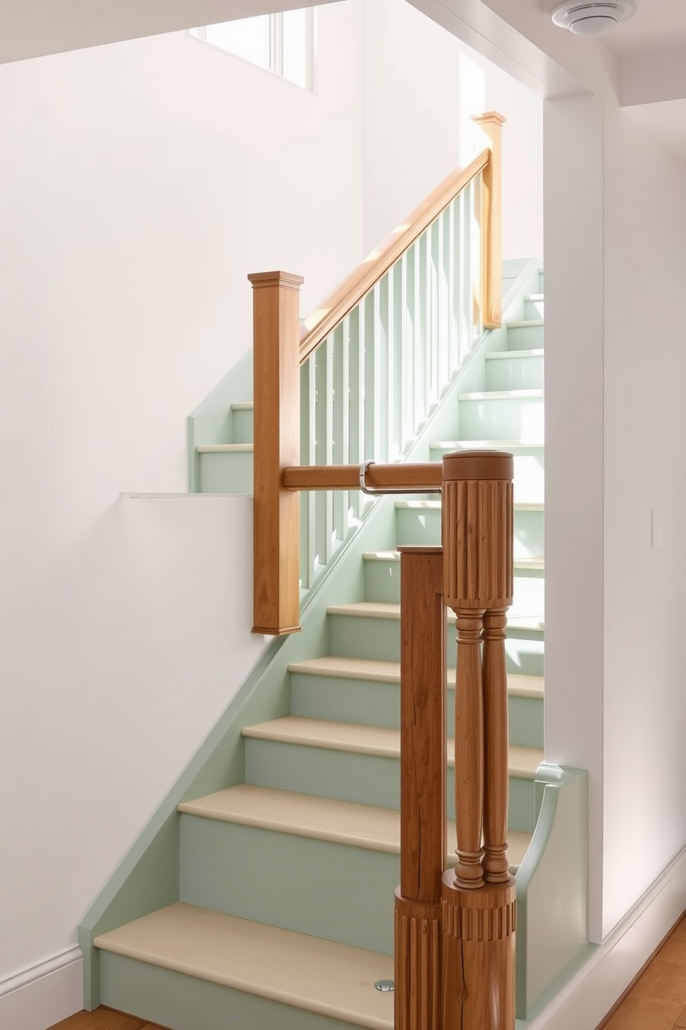 Soft mint green stairs with natural wood accents create a serene and inviting atmosphere. The staircase features a sleek design with a smooth mint green finish that complements the warm tones of the natural wood railing. Natural light floods the space, highlighting the subtle texture of the mint green paint. This harmonious blend of colors enhances the overall aesthetic, making the staircase a focal point in the home.