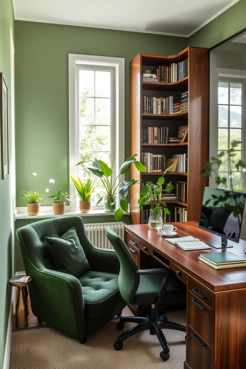 Cozy reading nook with green accents. A plush armchair upholstered in deep green fabric is positioned next to a large window, allowing natural light to flood the space. A small side table holds a stack of books and a steaming cup of tea. Lush green plants in decorative pots are placed on the windowsill, enhancing the calming atmosphere. Green Study Room Design Ideas. A sleek wooden desk in a rich walnut finish is paired with a comfortable green ergonomic chair. The walls are painted in a soft sage green, creating a serene backdrop for productivity. A large bookshelf filled with books and decorative items adds character to the room.