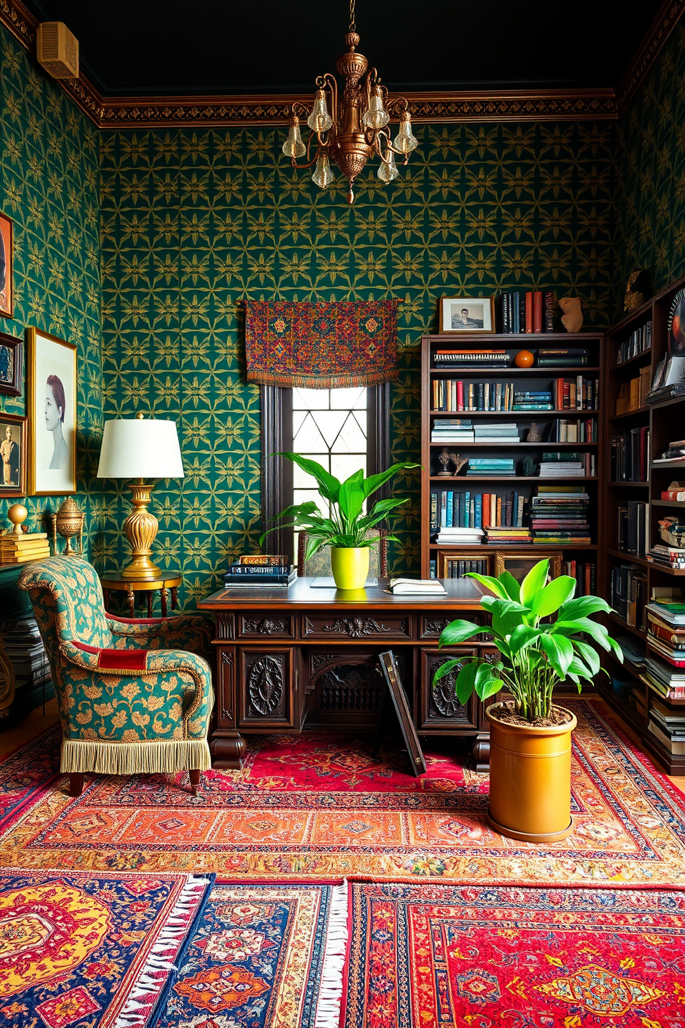 Eclectic study room filled with a vibrant mix of patterns and textures. The walls are adorned with a bold geometric wallpaper in shades of green and gold, complemented by a plush velvet armchair in a contrasting print. A large wooden desk with intricate carvings sits in the center, surrounded by an assortment of colorful rugs layered on the floor. Shelves filled with books and decorative items create a cozy atmosphere, while a bright green potted plant adds a touch of nature to the space.