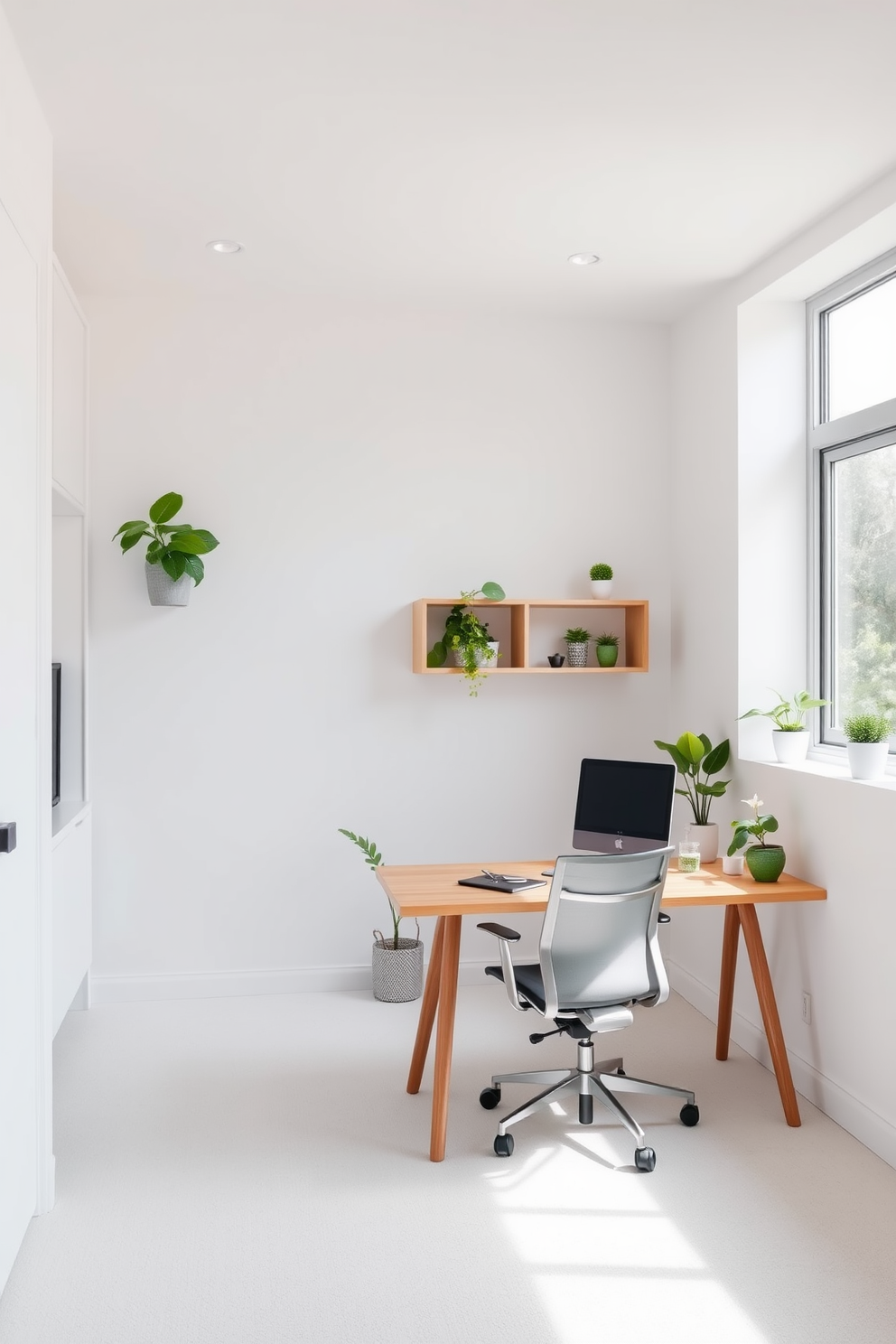 A serene study room featuring a minimalist design with clean lines and an uncluttered layout. The walls are painted in a soft white hue, creating a bright and airy atmosphere complemented by green accents in the form of potted plants and decorative items. A sleek wooden desk sits against the wall, paired with an ergonomic chair that enhances comfort and style. A large window allows natural light to flood the space, while a simple bookshelf showcases a curated selection of books and green decor elements.