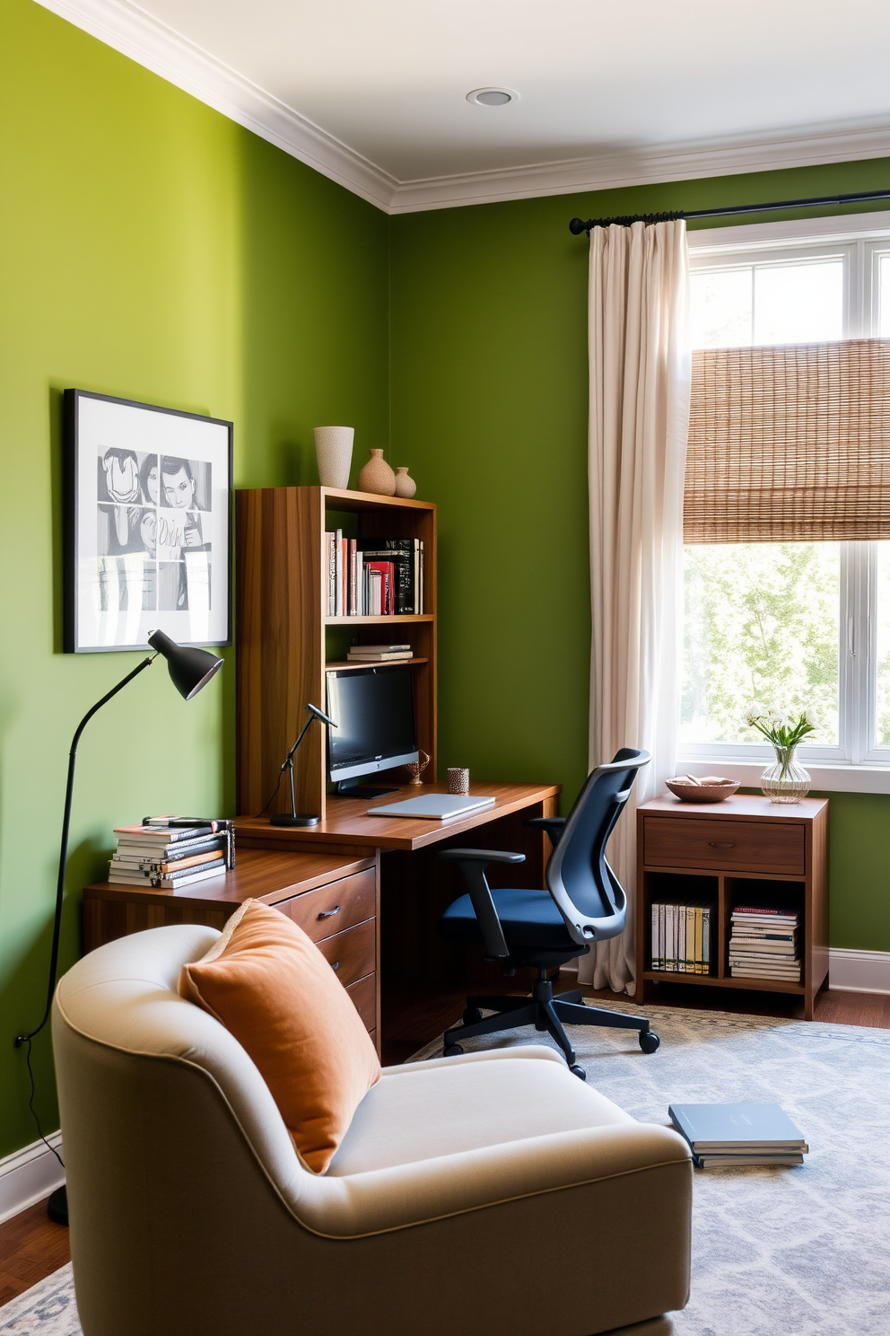 A green accent wall creates a vibrant focal point in the study room while neutral tones in the furniture and decor provide a calming balance. A sleek wooden desk sits against the wall, complemented by a comfortable ergonomic chair and a stylish bookshelf filled with books and decorative items. Natural light floods the space through a large window adorned with light, airy curtains. A cozy reading nook features a plush armchair and a small side table, perfect for enjoying a cup of coffee or diving into a good book.