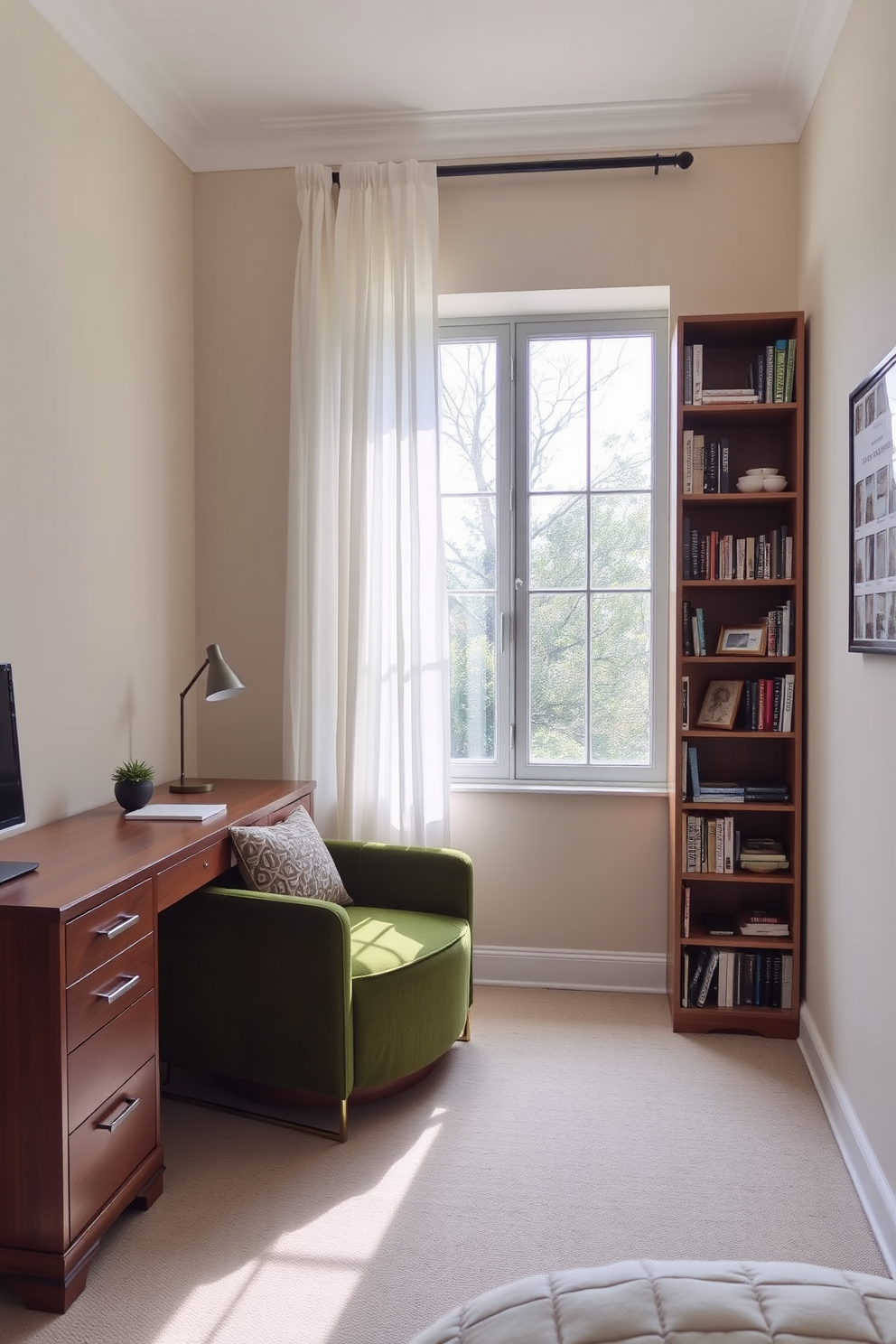 A cozy study corner features a plush green armchair positioned next to a sleek wooden desk. The walls are painted in a soft cream color, creating a warm and inviting atmosphere. Natural light floods the space through a large window adorned with sheer white curtains. A stylish bookshelf filled with books and decorative items stands against one wall, adding character to the room.