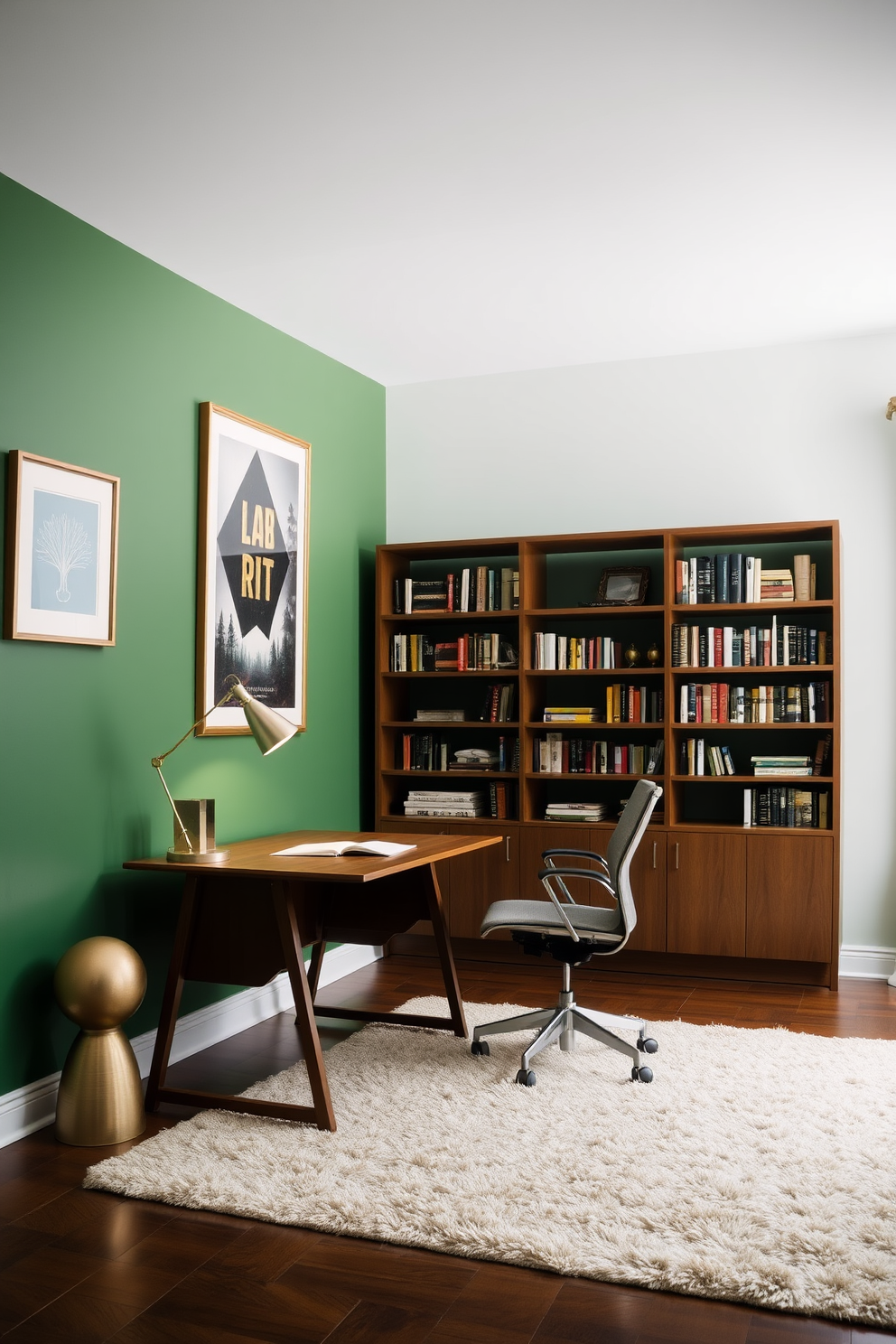 A serene study room with green walls that evoke a calming atmosphere. The room features a sleek wooden desk with a metallic lamp and a comfortable ergonomic chair. A large bookshelf filled with books lines one wall, complemented by metallic bookends. A plush area rug in neutral tones adds warmth to the space, while framed artwork with gold accents adorns the walls.