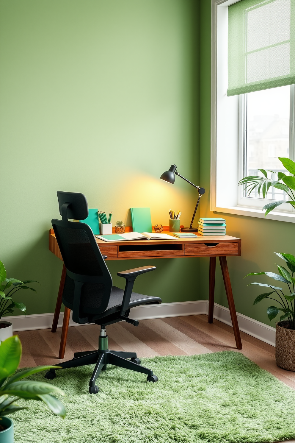 A serene study room featuring green stationery to create a cohesive look. The walls are painted a soft green, complemented by a sleek wooden desk and a comfortable ergonomic chair. On the desk, a stylish lamp casts warm light over an organized workspace adorned with green notebooks and pens. A plush area rug in a lighter shade of green adds warmth, while plants in the corners bring a touch of nature indoors.