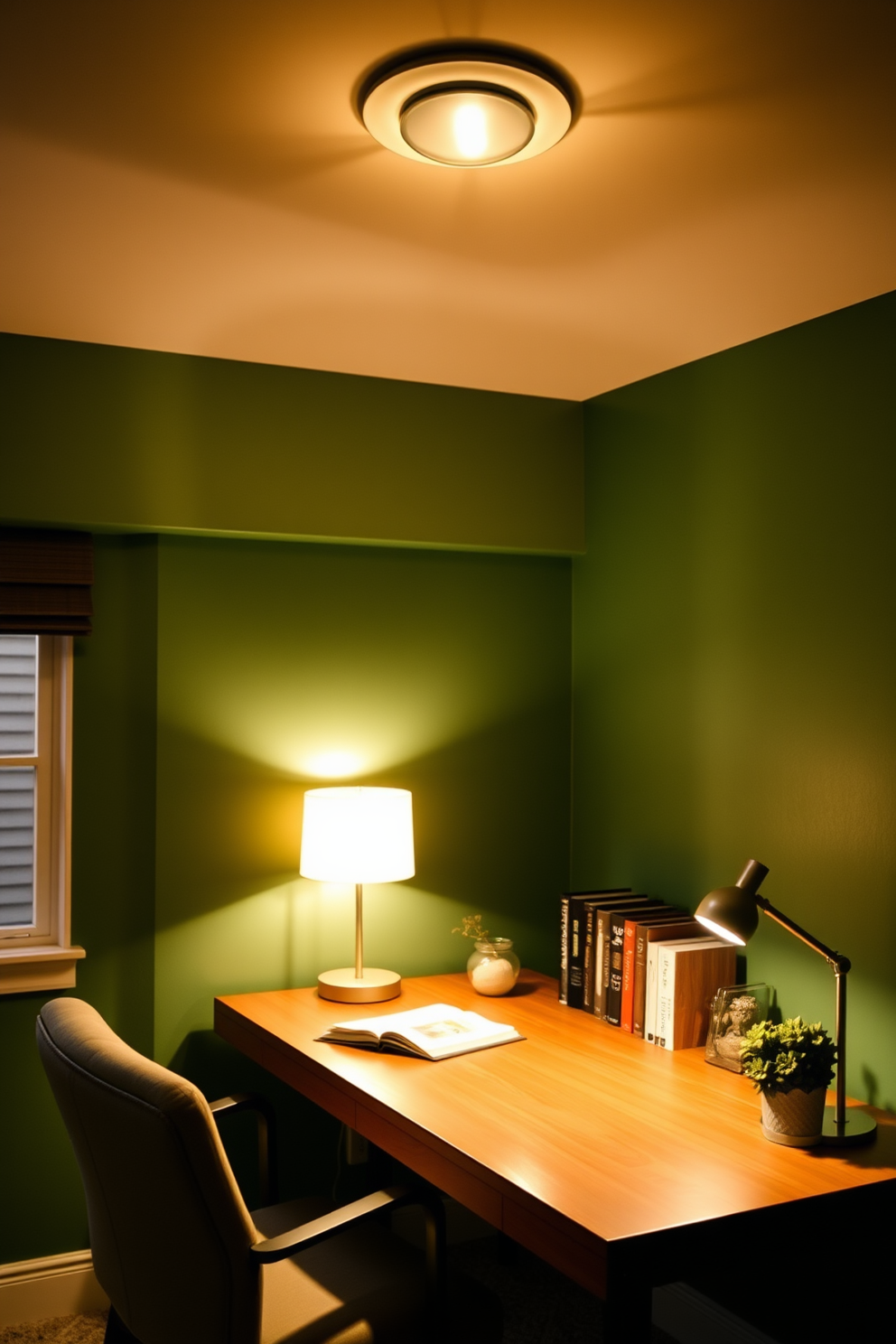 A cozy study room filled with layered lighting creates an inviting atmosphere. Soft overhead lights complement warm table lamps, casting gentle shadows across the space. The walls are painted in a soothing green hue, promoting focus and relaxation. A comfortable chair is paired with a sleek wooden desk, adorned with a stylish lamp and decorative books.