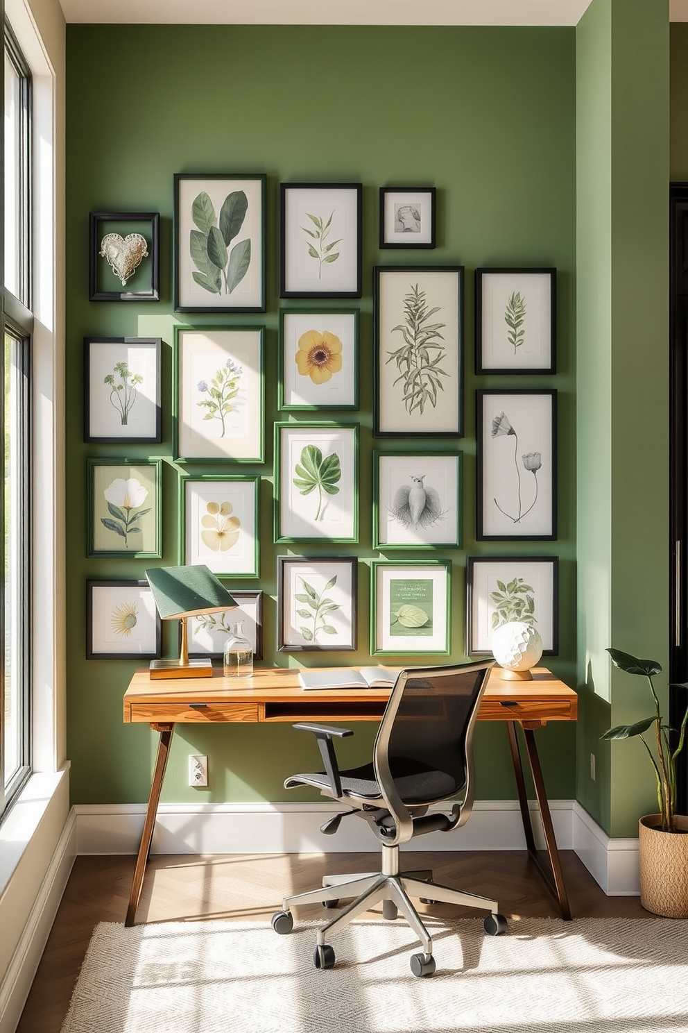 Create a gallery wall featuring an array of artwork in green frames. The wall is adorned with a mix of abstract prints and botanical illustrations, creating a cohesive yet dynamic display. Design a study room that incorporates a calming green color palette. The space includes a sleek wooden desk, a comfortable ergonomic chair, and plenty of natural light streaming through large windows.