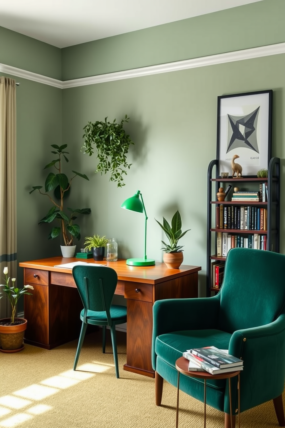 A serene study room filled with various shades of green creates a calming atmosphere. The walls are painted in a soft sage green, complemented by deep emerald accents in the furniture. A large wooden desk sits against one wall, adorned with a sleek green desk lamp and a collection of potted plants. A cozy reading nook in the corner features a plush green armchair and a small bookshelf filled with inspiring reads.