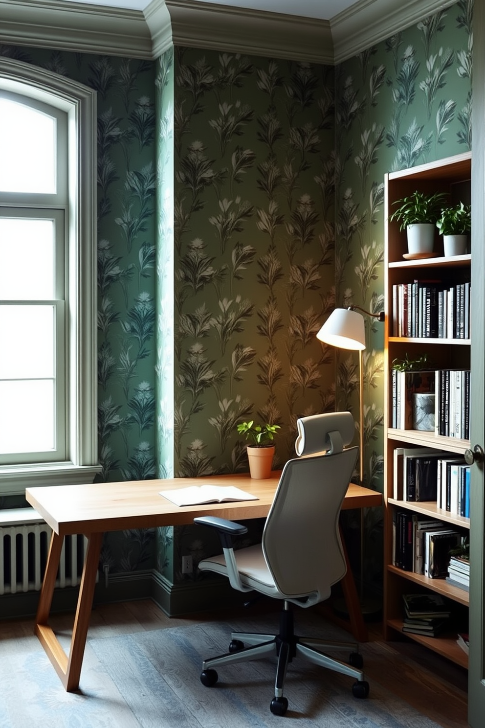 A tranquil study room featuring green wallpaper adorned with botanical prints. The space includes a sleek wooden desk positioned under a large window that allows natural light to flood in. A comfortable ergonomic chair complements the desk, while a bookshelf filled with plants and books lines one wall. Soft lighting from a stylish desk lamp creates a warm and inviting atmosphere.