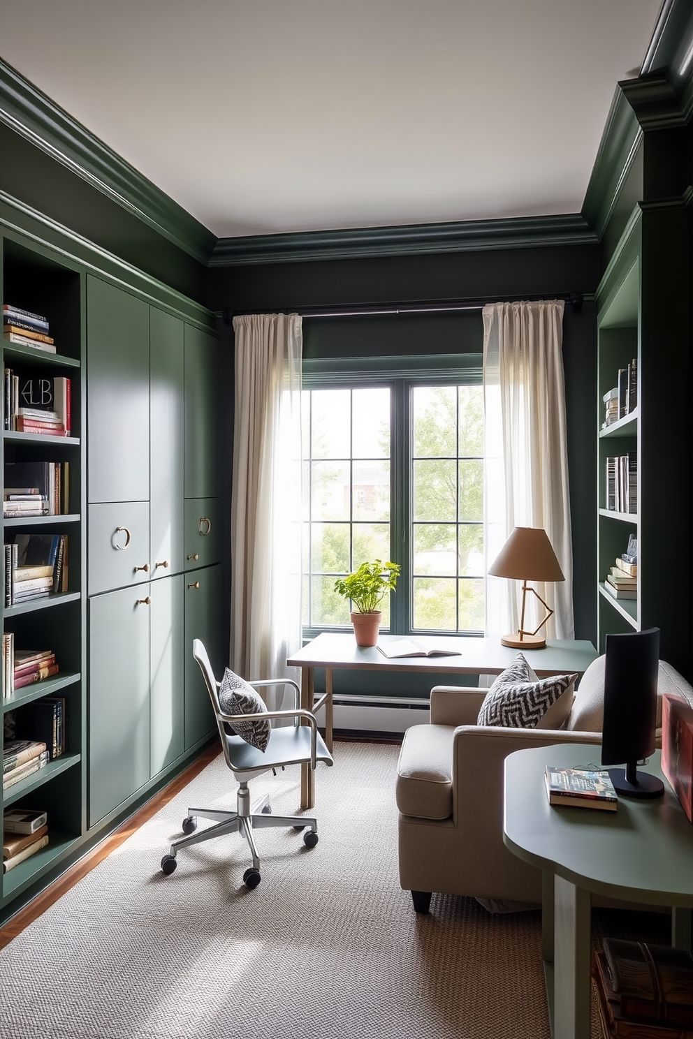 A cozy study room featuring dark green walls that create a rich and inviting atmosphere. The room is furnished with light-colored furniture, including a sleek desk and a comfortable chair, providing a contrast that brightens the space. Natural light pours in through a large window adorned with soft, sheer curtains. Shelves filled with books and decorative items line the walls, adding character and warmth to the study.