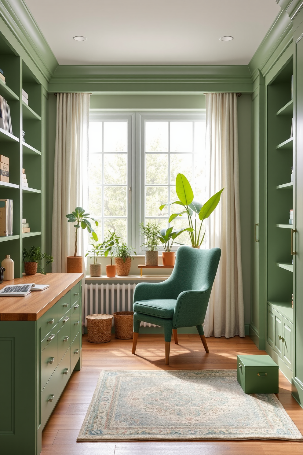 Functional storage solutions in green. Imagine a study room with built-in shelves painted in a soft green hue, complemented by a sleek wooden desk that features ample drawers for organization. The room is illuminated by natural light streaming through large windows adorned with light-filtering curtains. A cozy armchair in a darker green fabric sits in the corner, creating a perfect reading nook surrounded by potted plants. Green accents are incorporated through decorative storage boxes and a stylish rug that adds warmth to the space. The overall design promotes a sense of calm and productivity, making it an ideal environment for studying or working.