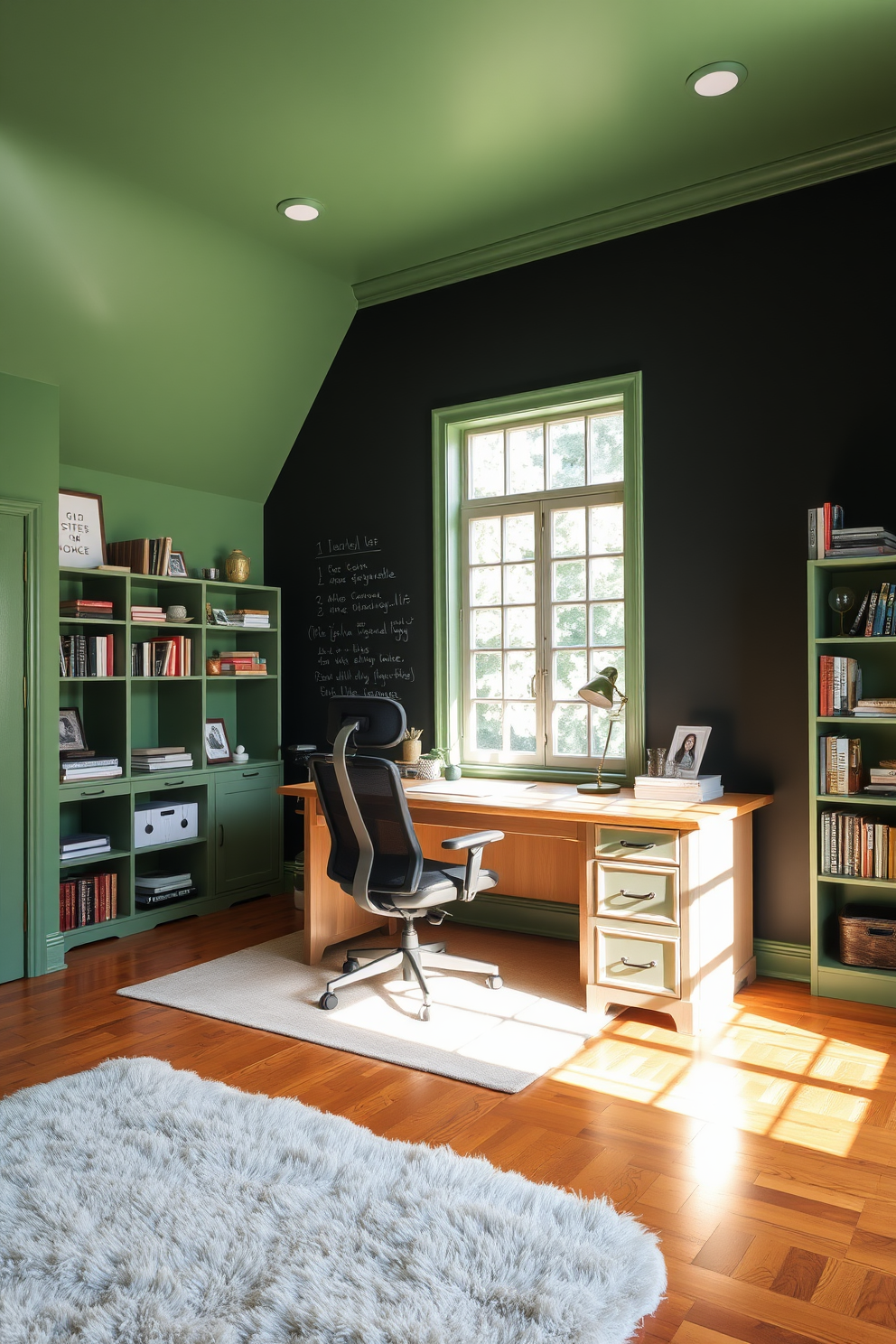 A cozy green study room featuring a chalkboard wall for notes creates an inviting atmosphere. The room is adorned with a large wooden desk, complemented by a comfortable ergonomic chair and stylish bookshelves filled with books and decorative items. Natural light streams in through a large window, highlighting the soothing green paint on the walls. A plush area rug lies on the hardwood floor, adding warmth and texture to the space.