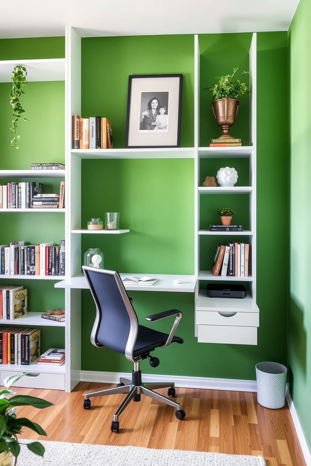 A modern floating desk is mounted against a vibrant green wall, creating a fresh and inspiring workspace. The desk features sleek lines and minimalistic design, complemented by a stylish ergonomic chair. Surrounding the desk are shelves filled with books and decorative items, adding personality to the study room. Natural light floods in through a nearby window, enhancing the inviting atmosphere of this green study room design.