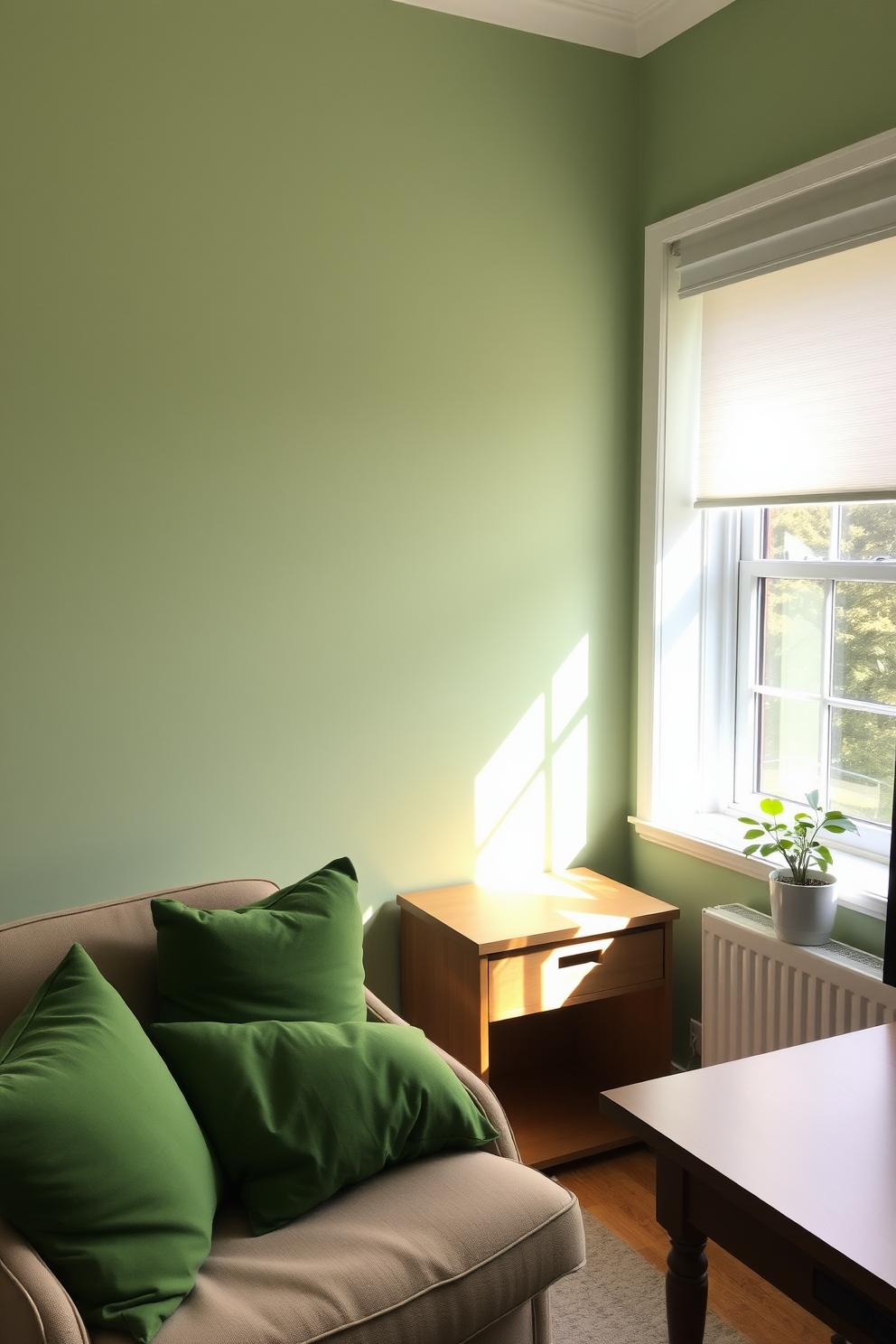 A cozy study room filled with natural light. The walls are painted in a soft green hue, creating a calm atmosphere. Green throw pillows are scattered across a comfortable armchair, inviting relaxation. A sleek wooden desk faces a window, adorned with a small potted plant for a touch of greenery.