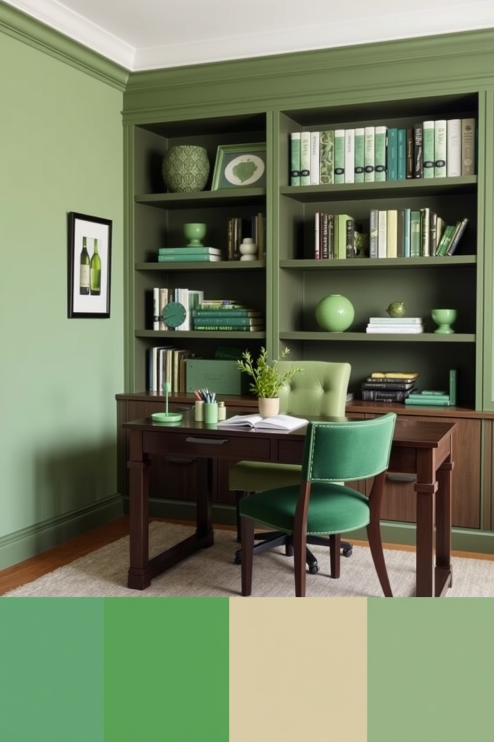 A serene study room featuring a rich green color palette for accessories. The walls are painted in a soft sage green, complemented by a dark wood desk and a comfortable chair upholstered in a coordinating green fabric. On the desk, there are stylish green stationery items and a small potted plant to add a touch of nature. Shelves lined with books and decorative items in varying shades of green enhance the room's cohesive look.