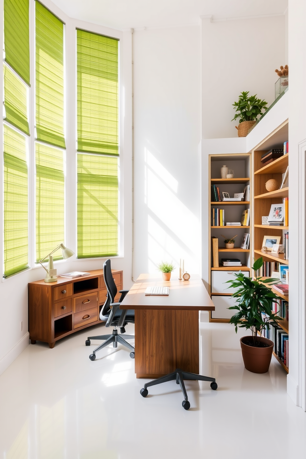 A serene study room filled with natural light streaming through green blinds. The walls are painted in a soft white, creating a bright and inviting atmosphere. A large wooden desk sits in the center, accompanied by a comfortable ergonomic chair. Shelves lined with books and decorative items provide a personal touch, while a lush potted plant adds a splash of greenery.