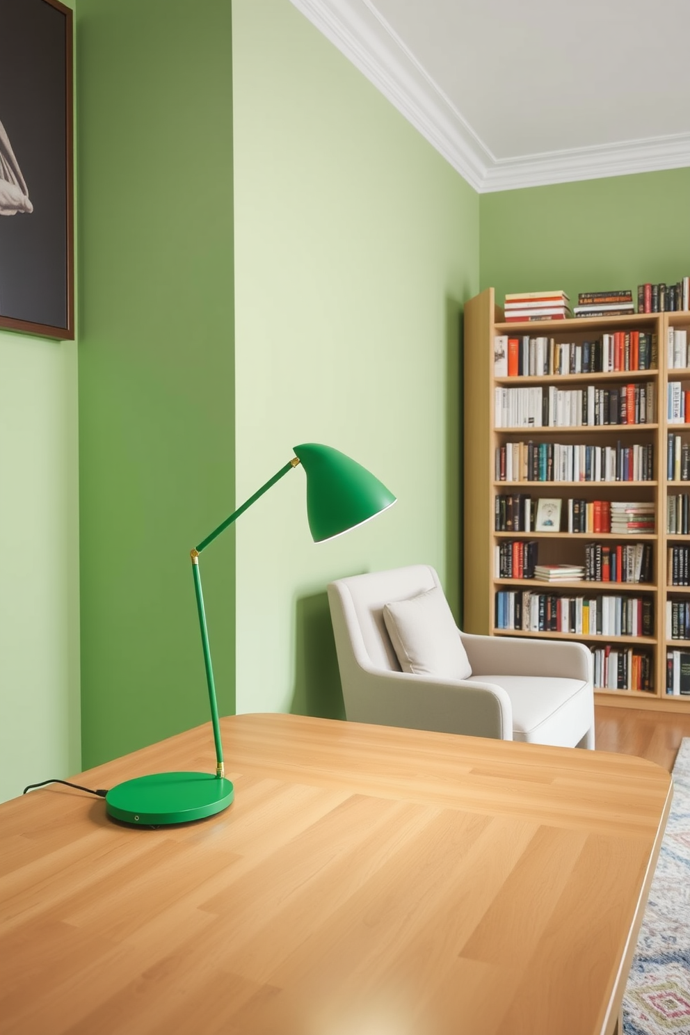 A stylish desk lamp in a vibrant green hue stands elegantly on a sleek wooden desk. The study room features soft green walls, complemented by a cozy armchair and a large bookshelf filled with books.