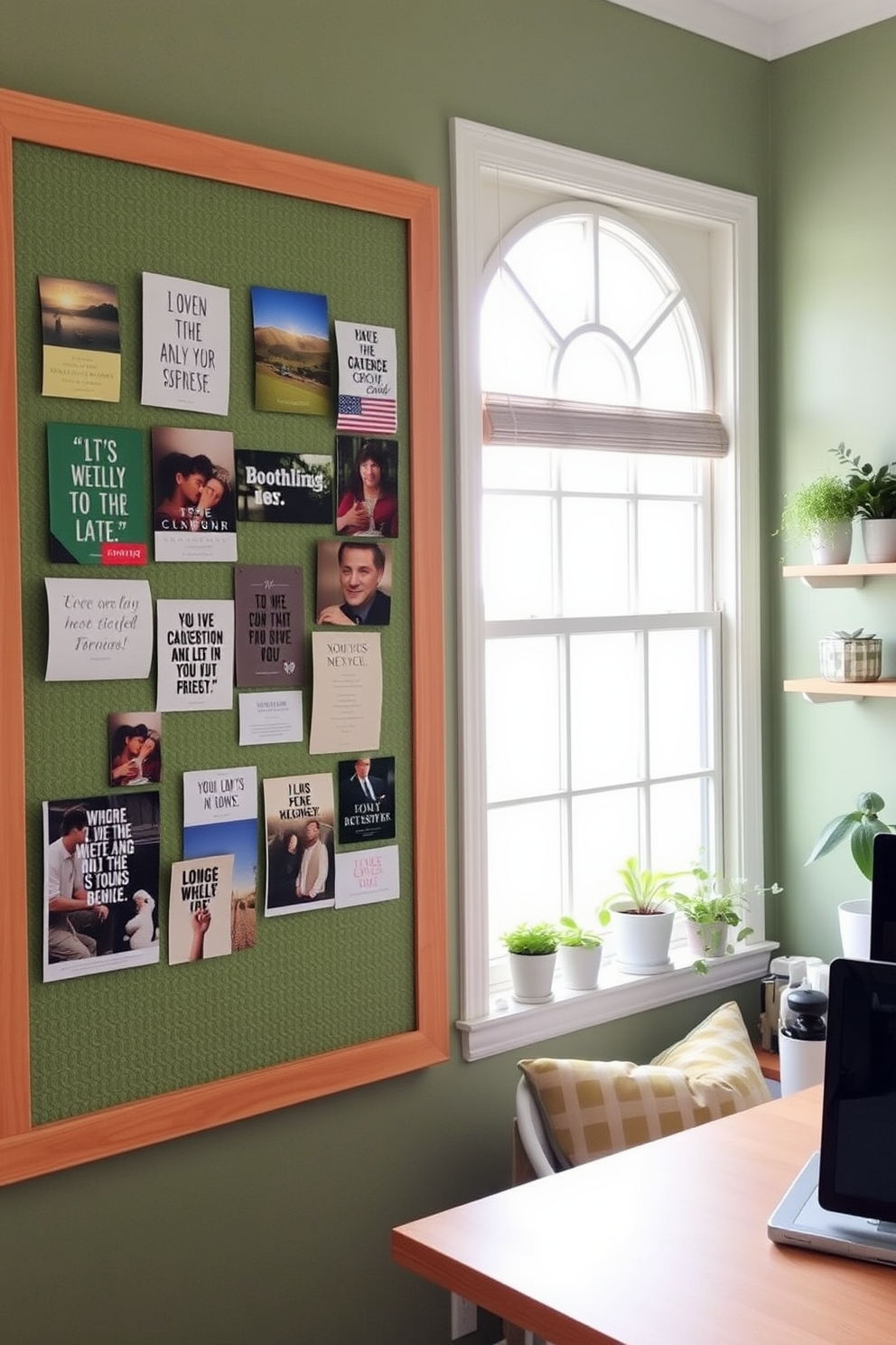 A green-themed bulletin board filled with various inspirational images and quotes. The board is framed in natural wood, and the background features a soft green fabric that complements the vibrant colors of the pinned items. A cozy study room designed with green accents throughout. The walls are painted a soothing sage green, and a comfortable desk is positioned by a window with plants adorning the sill.