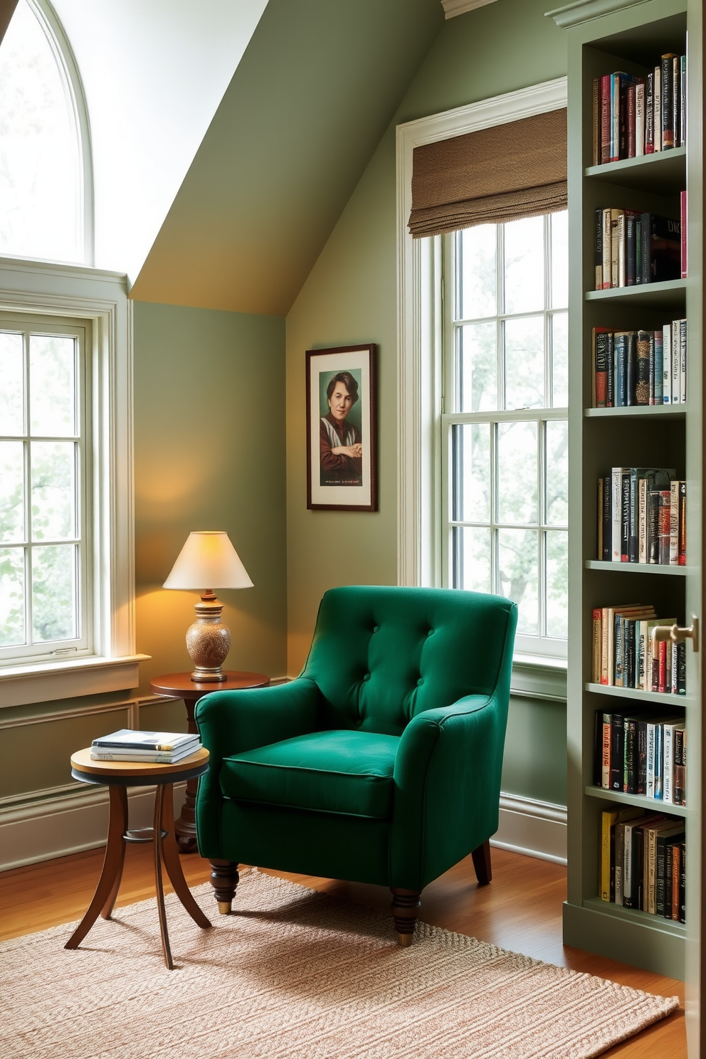 A cozy reading nook is created in a green study room featuring a plush armchair upholstered in a rich emerald fabric. The chair is positioned near a large window that allows natural light to flood the space, complemented by a small side table holding a stack of books and a warm lamp. The walls are painted in a soft sage green, creating a calming atmosphere that enhances focus and relaxation. Shelves filled with books line one side of the room, and a textured area rug adds warmth underfoot, inviting you to settle in with a good read.