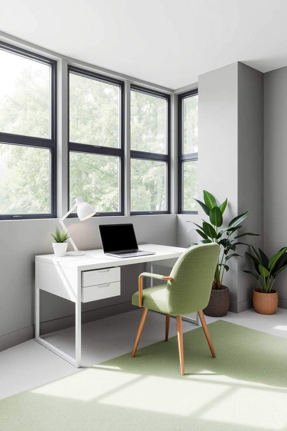 A minimalist workspace featuring green accents. The desk is sleek and white, adorned with a small potted plant and a stylish lamp, while the walls are painted in a soft gray. The room has large windows allowing natural light to flood in. A comfortable chair in a muted green fabric complements the overall serene atmosphere.