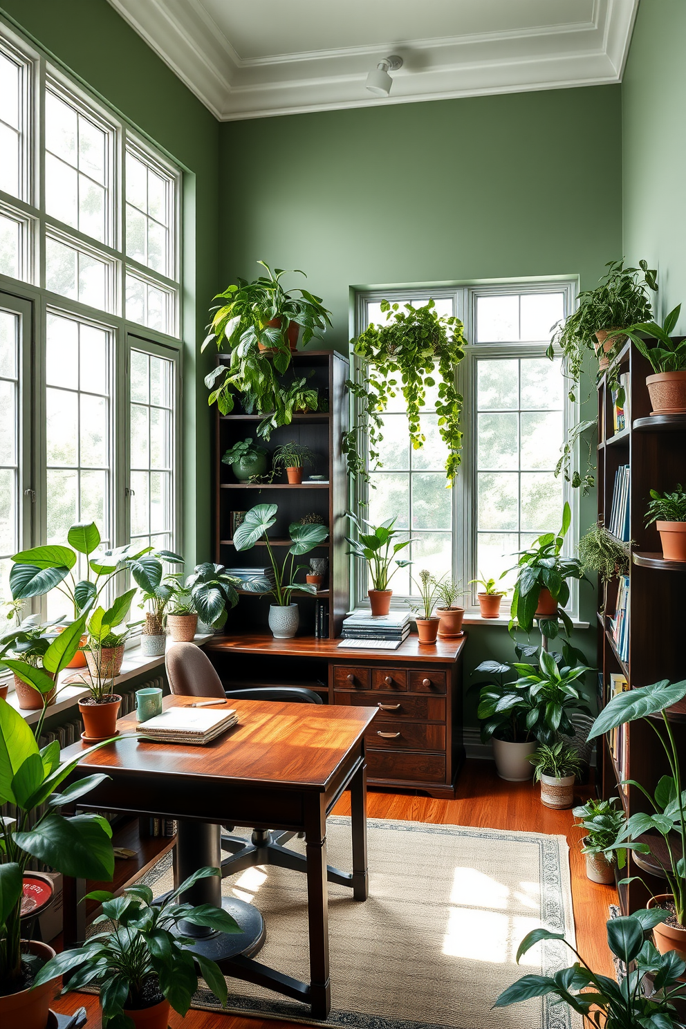 A green study room filled with lush plants creates a refreshing and vibrant atmosphere. Floor-to-ceiling windows allow natural light to flood the space, highlighting the rich textures of the wooden desk and shelves. The walls are painted in a soft sage green, complemented by dark wood accents. A variety of potted plants are strategically placed around the room, adding life and color to the study.