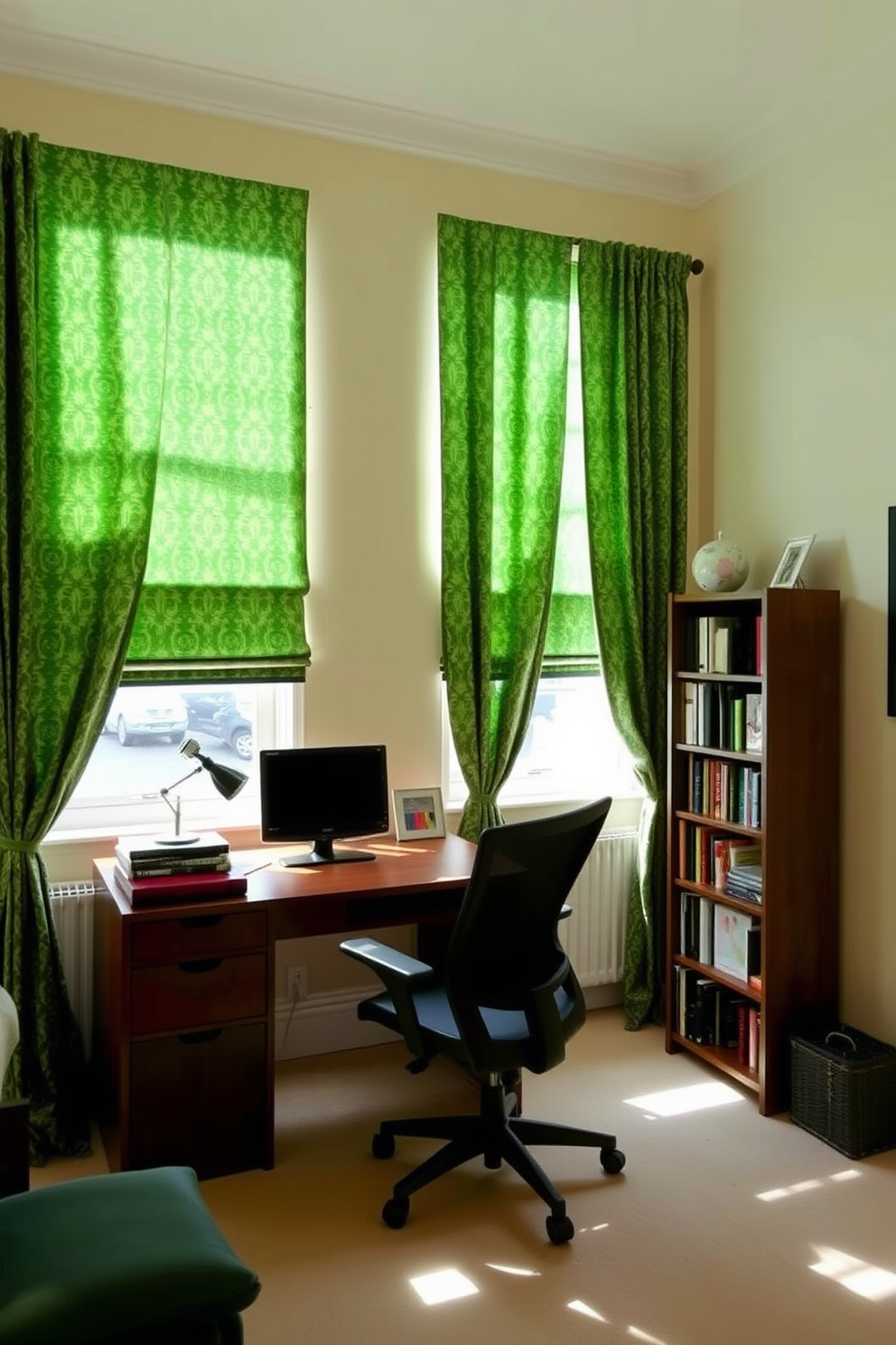 A cozy study room featuring patterned green fabric curtains that frame the windows. The room is filled with natural light, highlighting a wooden desk with a sleek design and a comfortable ergonomic chair. On one side of the room, there is a tall bookshelf filled with books and decorative items. The walls are painted in a soft cream color, providing a warm contrast to the green accents throughout the space.