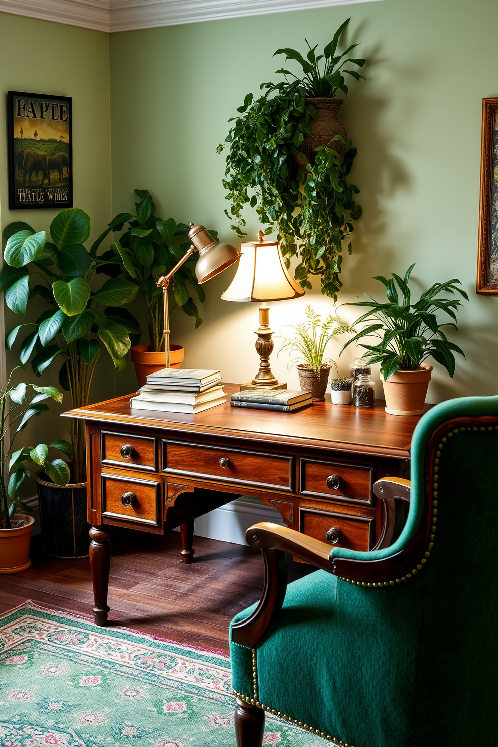 A vintage wooden desk sits in the center of a cozy study room adorned with lush green decor. The walls are painted a soft sage color, and potted plants are strategically placed to bring life and vibrancy to the space. On the desk, there is a classic brass lamp illuminating a stack of vintage books. A comfortable armchair upholstered in a rich emerald fabric complements the desk and invites relaxation while reading.