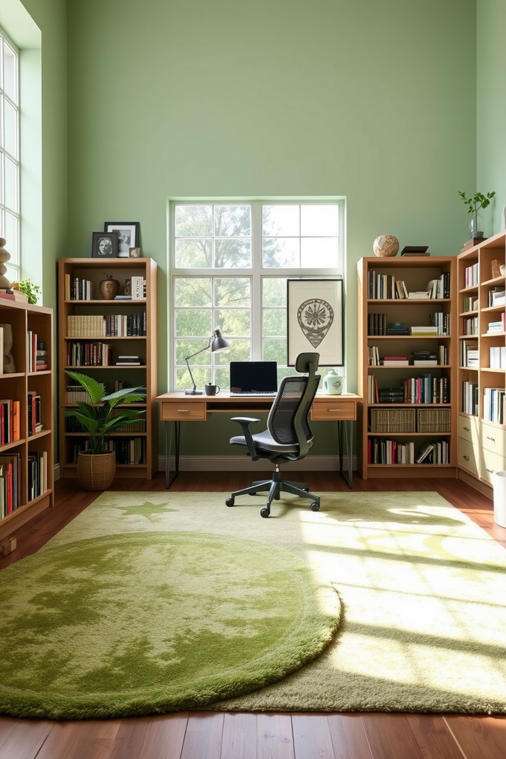 A serene study room featuring soft green rugs that enhance both comfort and style. The walls are painted in a light pastel green, complementing the cozy atmosphere created by the natural light streaming through large windows. A sleek wooden desk sits in the center of the room, paired with a comfortable ergonomic chair. Bookshelves lined with an array of books and decorative items frame the space, adding character and functionality.