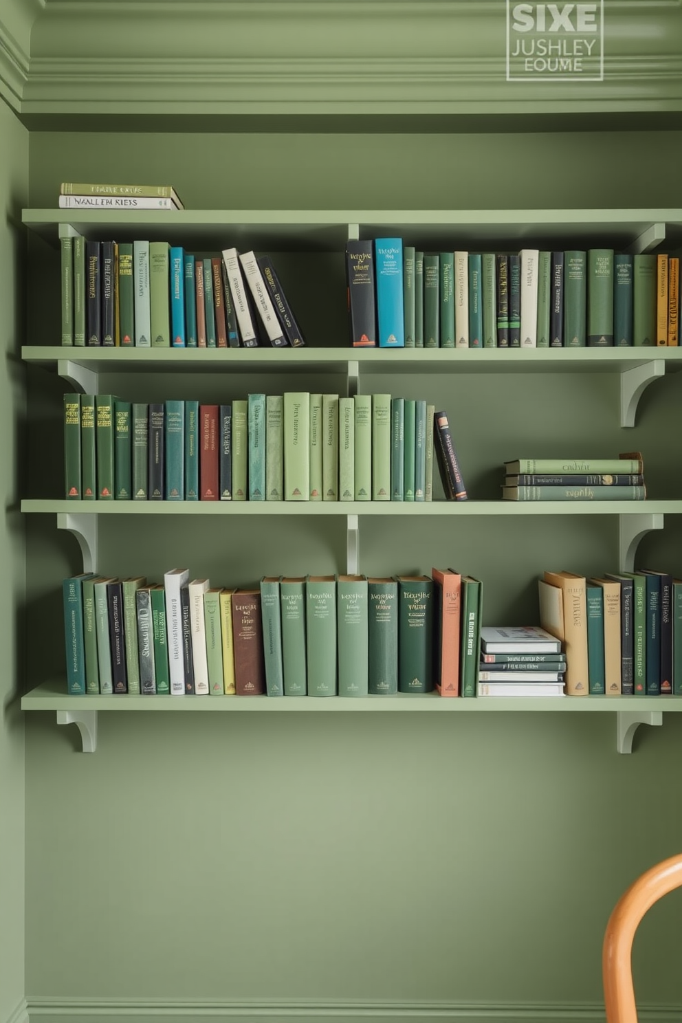 A cozy green study room featuring wall-mounted shelves filled with an array of green books. The walls are painted in a soft sage green, creating a calming atmosphere that enhances focus and creativity.