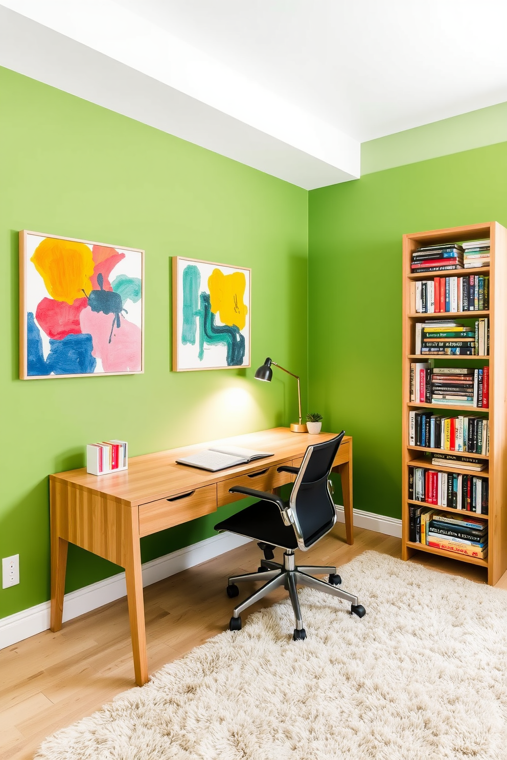 Bright artwork to contrast green walls. The study room features a sleek wooden desk positioned against the wall, complemented by a comfortable ergonomic chair. Lively abstract paintings adorn the walls, creating a vibrant focal point that enhances the room's energy. A plush area rug in neutral tones anchors the space, while a tall bookshelf filled with colorful books adds personality.