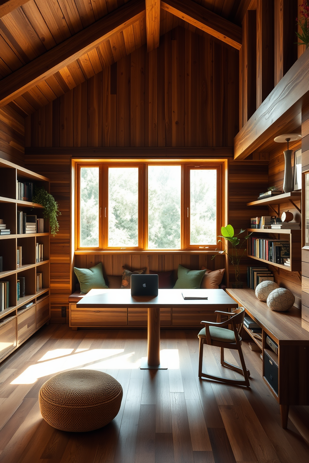 Natural wood elements create a warm and inviting atmosphere in the study room. The walls are adorned with wooden panels, and a large wooden desk sits in the center, complemented by a cozy reading nook with plush cushions. Large windows allow natural light to flood the space, highlighting the rich textures of the wood. A bookshelf filled with greenery and books adds a touch of life and personality to the room.