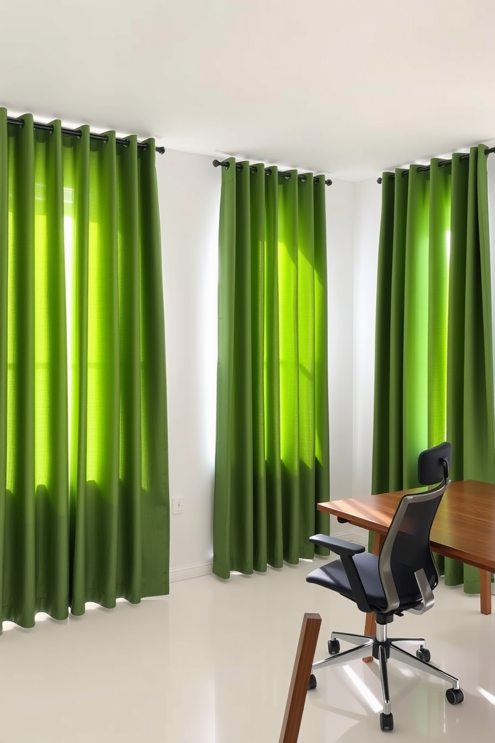 A serene study room featuring green curtains that gently filter natural light, creating a calm and inviting atmosphere. The walls are painted in a soft white, complemented by a sleek wooden desk and a comfortable ergonomic chair.