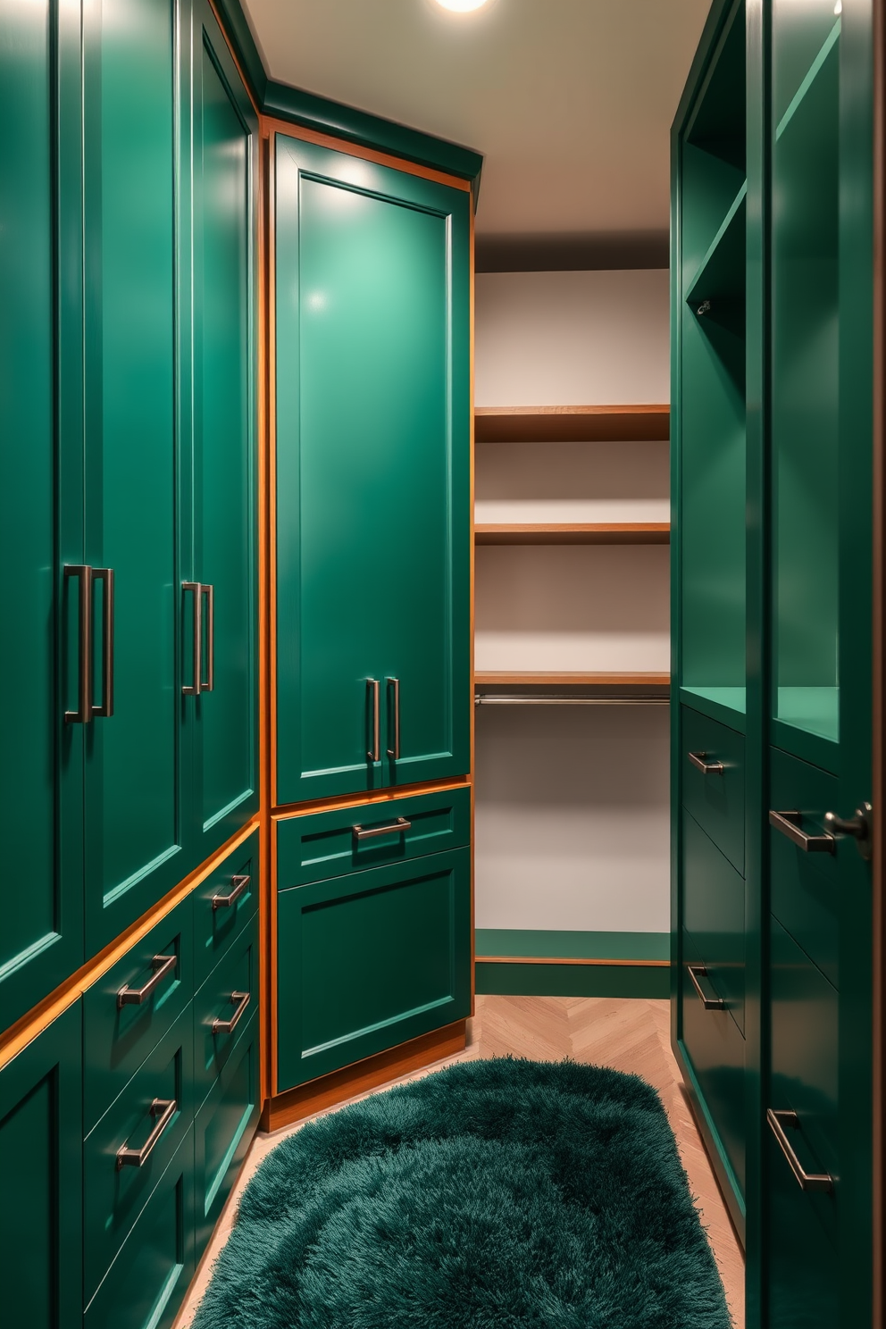 Elegant emerald green cabinetry for storage. The cabinets feature sleek handles and are complemented by warm wooden accents. Green walk-in-closet design ideas. The space includes ample shelving, a plush area rug, and stylish lighting that highlights the rich green tones.