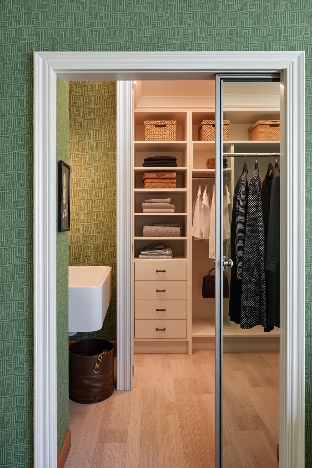 Textured green wallpaper adds a rich layer of depth to the space creating a serene and inviting atmosphere. The walk-in closet features custom shelving and hanging options, maximizing storage while maintaining an elegant aesthetic.