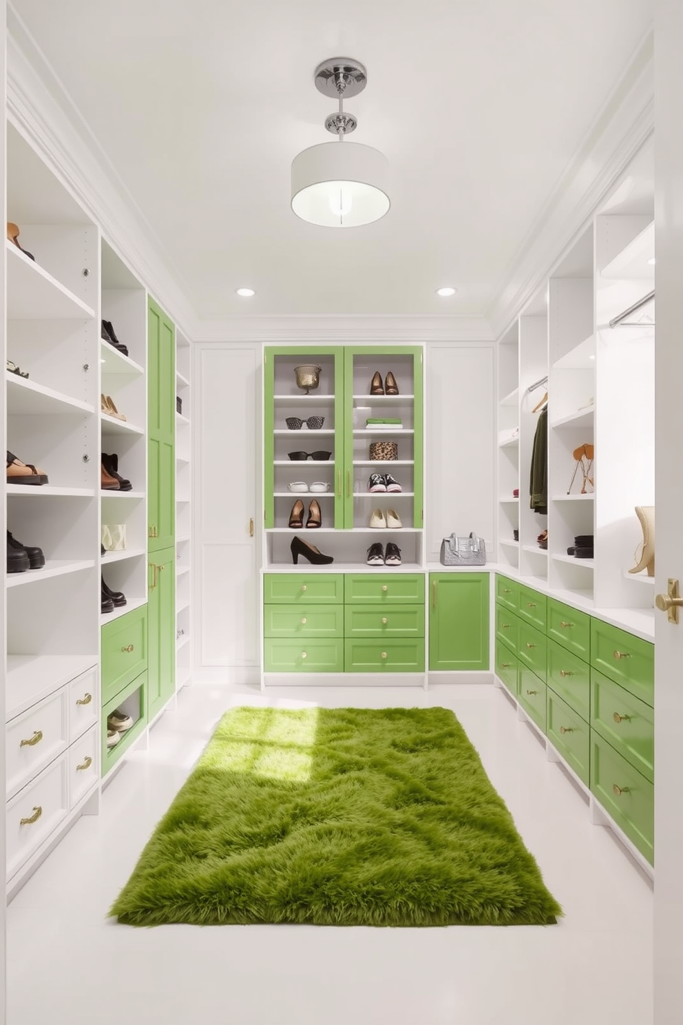 A bright and airy walk-in closet featuring a green and white color scheme. The walls are painted a soft white, while the cabinetry showcases a vibrant green finish, creating a refreshing atmosphere. Sleek white shelving units line the walls, providing ample space for shoes and accessories. A plush green area rug adds warmth underfoot, and elegant lighting fixtures illuminate the space beautifully.