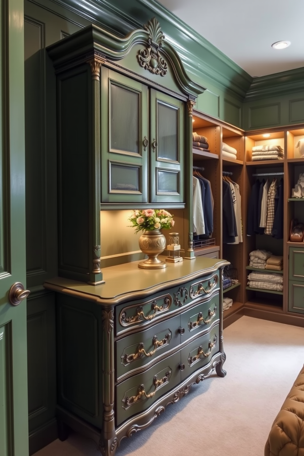 A vintage green dresser adds a classic touch to the room, featuring intricate carvings and brass hardware that enhance its charm. This piece serves as both a functional storage solution and a stunning focal point, beautifully complementing the surrounding decor. The green walk-in closet design incorporates elegant shelving and soft lighting, creating an inviting space for organization. Rich wood accents and plush carpeting add warmth, making it a luxurious retreat for selecting outfits.