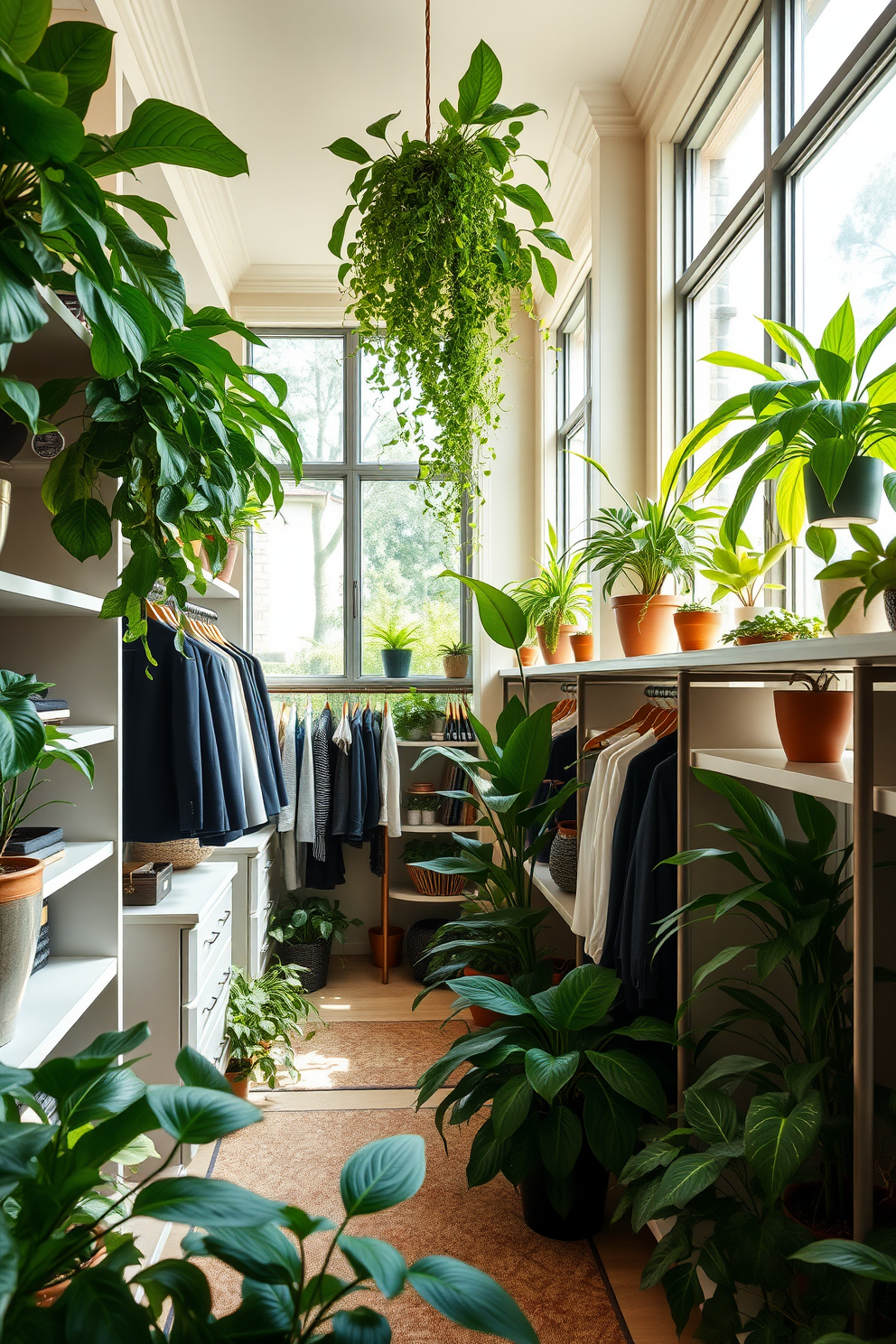 A luxurious walk-in closet filled with lush greenery and indoor plants for a refreshing atmosphere. The space features elegant shelving and hanging areas, complemented by vibrant potted plants that enhance the natural light streaming in through large windows. Soft neutral tones on the walls create a calming backdrop for the greenery. Stylish storage solutions blend functionality with aesthetics, making the closet both practical and inviting.