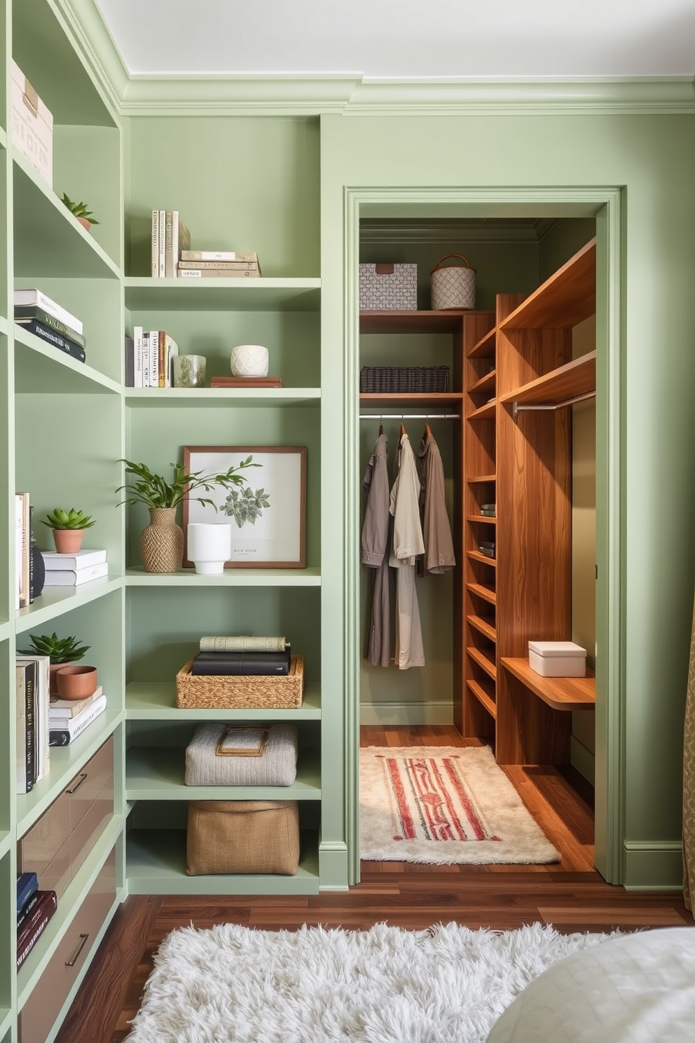 Open shelving in soft green tones creates a serene and inviting atmosphere. The shelves are lined with neatly arranged books, decorative boxes, and potted plants that add a touch of nature. The walk-in closet features soft green walls that enhance the sense of space and tranquility. Elegant wooden shelving and hanging rods provide ample storage, while a plush area rug adds warmth underfoot.