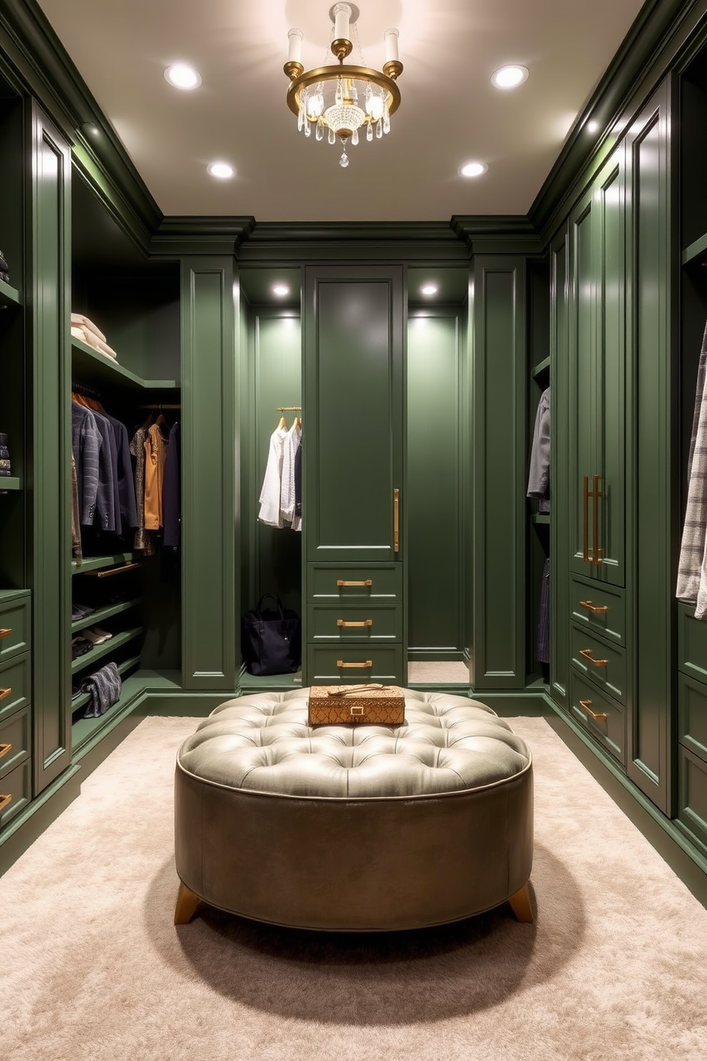 A luxurious walk-in closet featuring green walls and elegant brass hardware. The space includes custom shelving and hanging areas, beautifully illuminated by soft lighting fixtures. Plush carpeting in a neutral tone complements the green accents, creating a serene atmosphere. A stylish ottoman sits in the center, providing a comfortable spot for dressing and accessorizing.