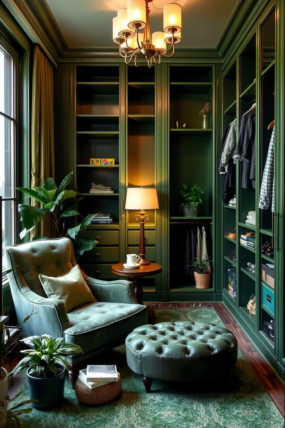 Cozy reading nook in a green corner. A plush armchair is positioned next to a large window, surrounded by houseplants that bring life to the space. A small side table holds a stack of books and a steaming cup of tea. Soft lighting from a nearby floor lamp creates a warm and inviting atmosphere. Green Walk-In-Closet Design Ideas. The closet features custom shelving and hanging space, all designed in a rich green hue for a fresh and stylish look. A plush ottoman sits in the center, providing a comfortable spot for putting on shoes. Elegant lighting fixtures enhance the luxurious feel of the space.