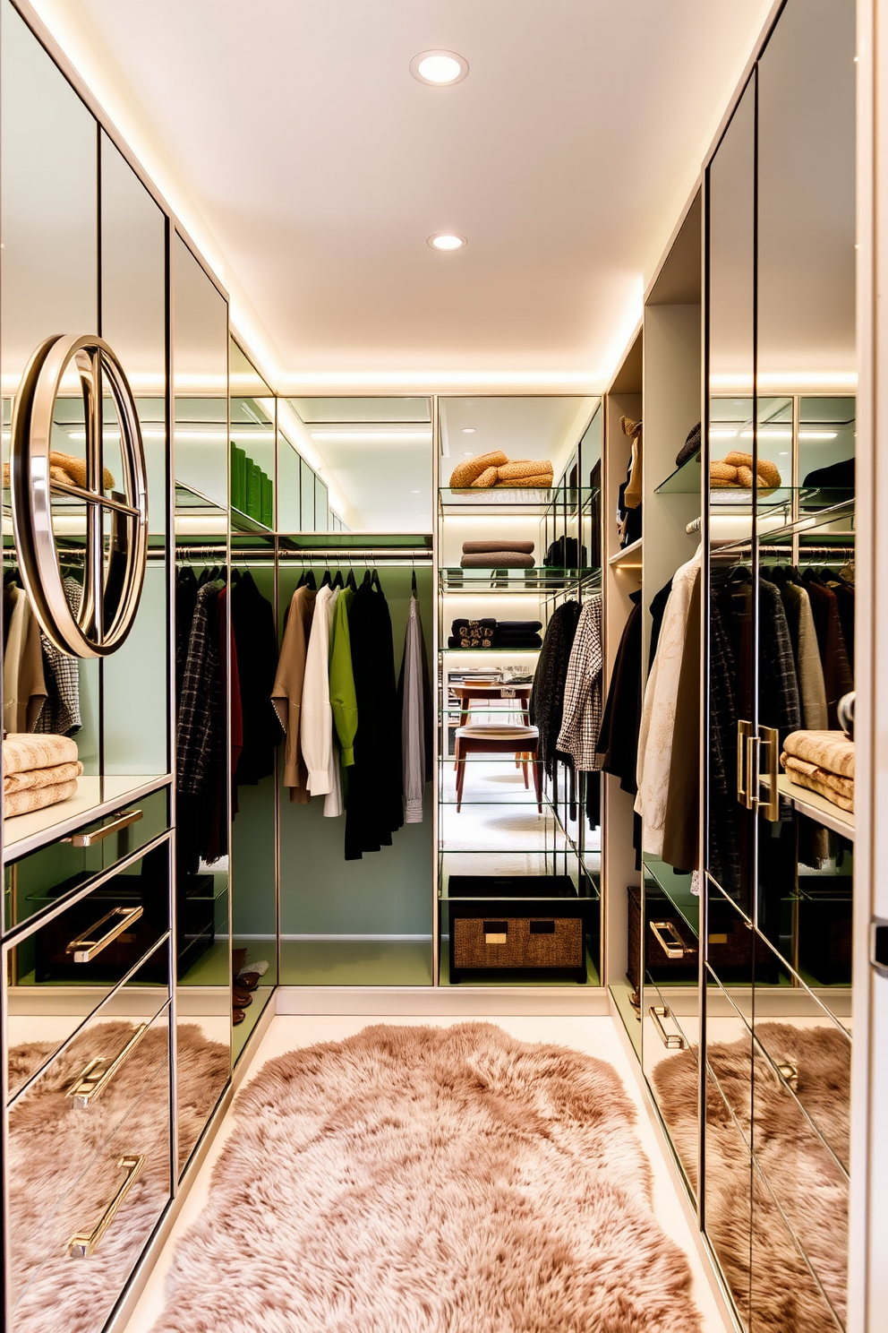 A walk-in closet featuring mirrored accents that reflect and enhance the lush green hues of the walls. The space is adorned with elegant shelving units and hanging rods, providing ample storage while creating a bright and airy atmosphere. Soft lighting illuminates the closet, highlighting the textures of the fabrics and the sheen of the mirrors. A plush area rug adds warmth underfoot, creating a cozy yet sophisticated retreat for organizing and displaying clothing.